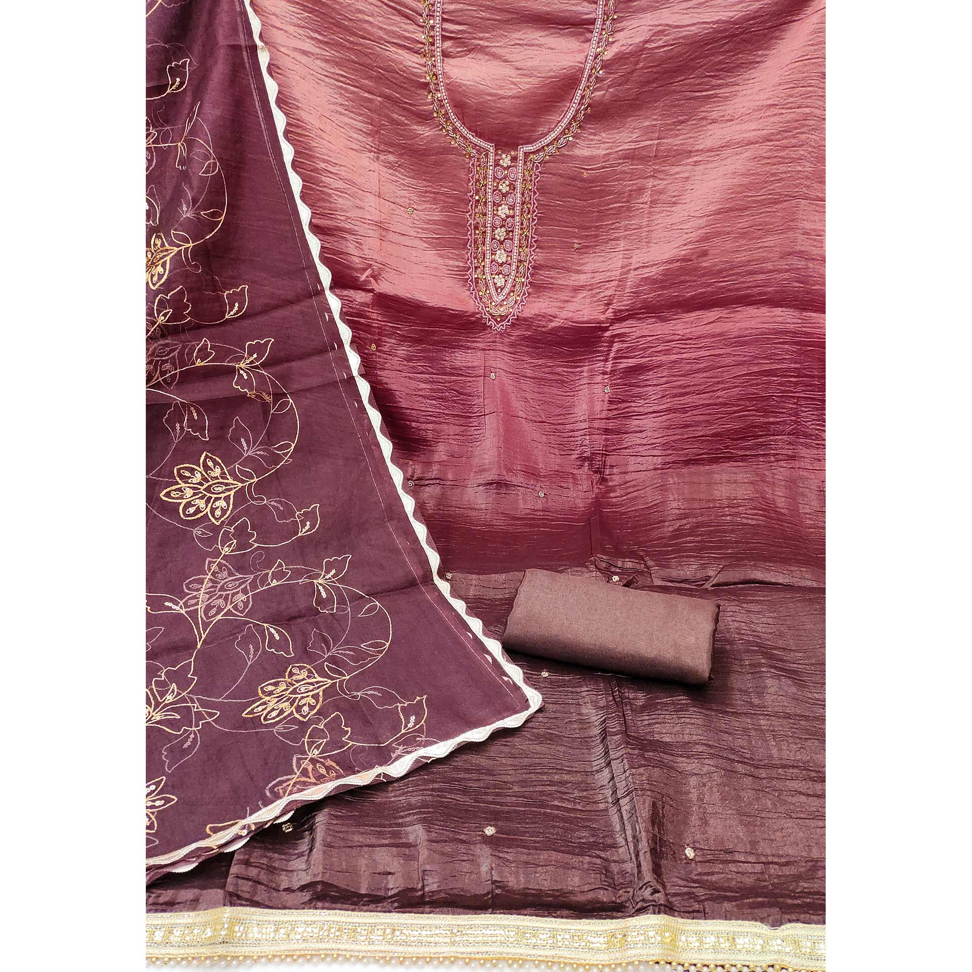 Dusty Rose  Pink Floral Handwork Viscose Dress Material - Image 4