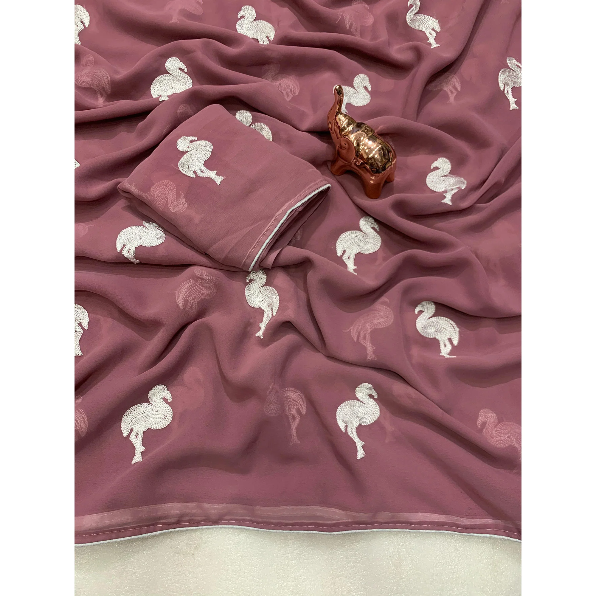 Dusty Rose Pink Georgette Saree With Intricate Bird Pattern Thread Embroidery - Image 3