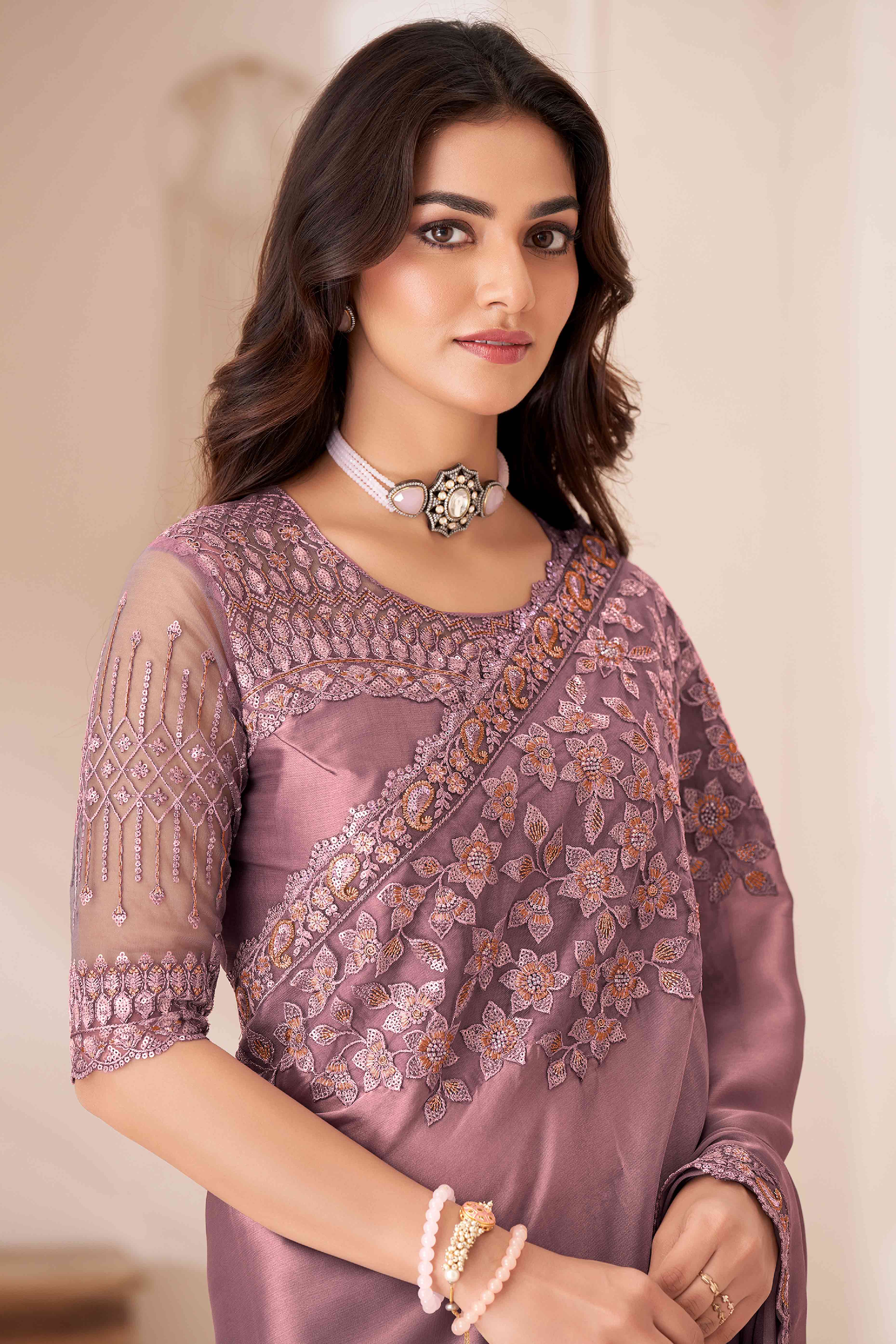 Dusty Rose Pink Sequins Embroidered Satin Saree - Image 3