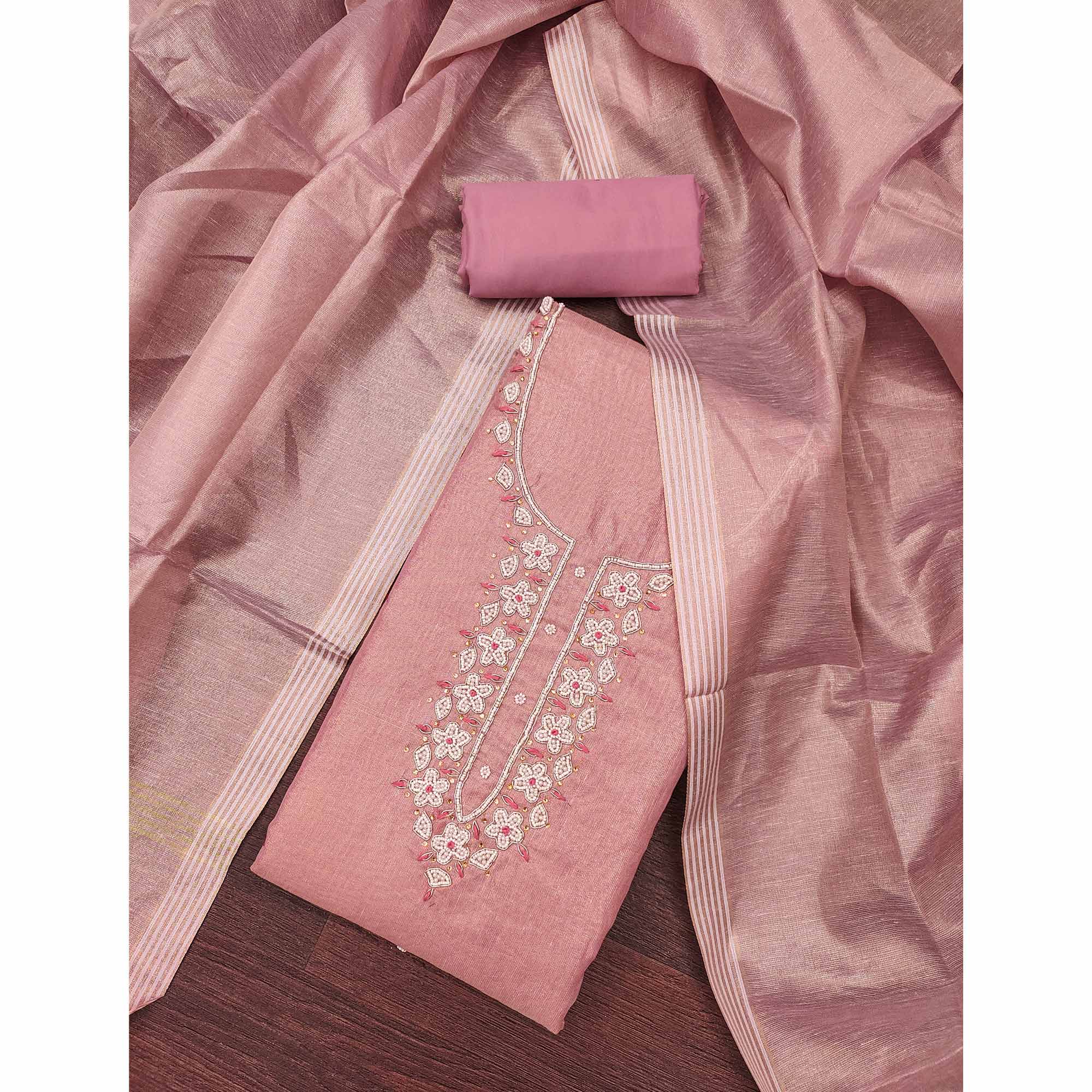 Dusty Rose Pink Shimmer Cotton Pure Cotton Dress Material With Intricate Moti & Stones Handwork - Image 3