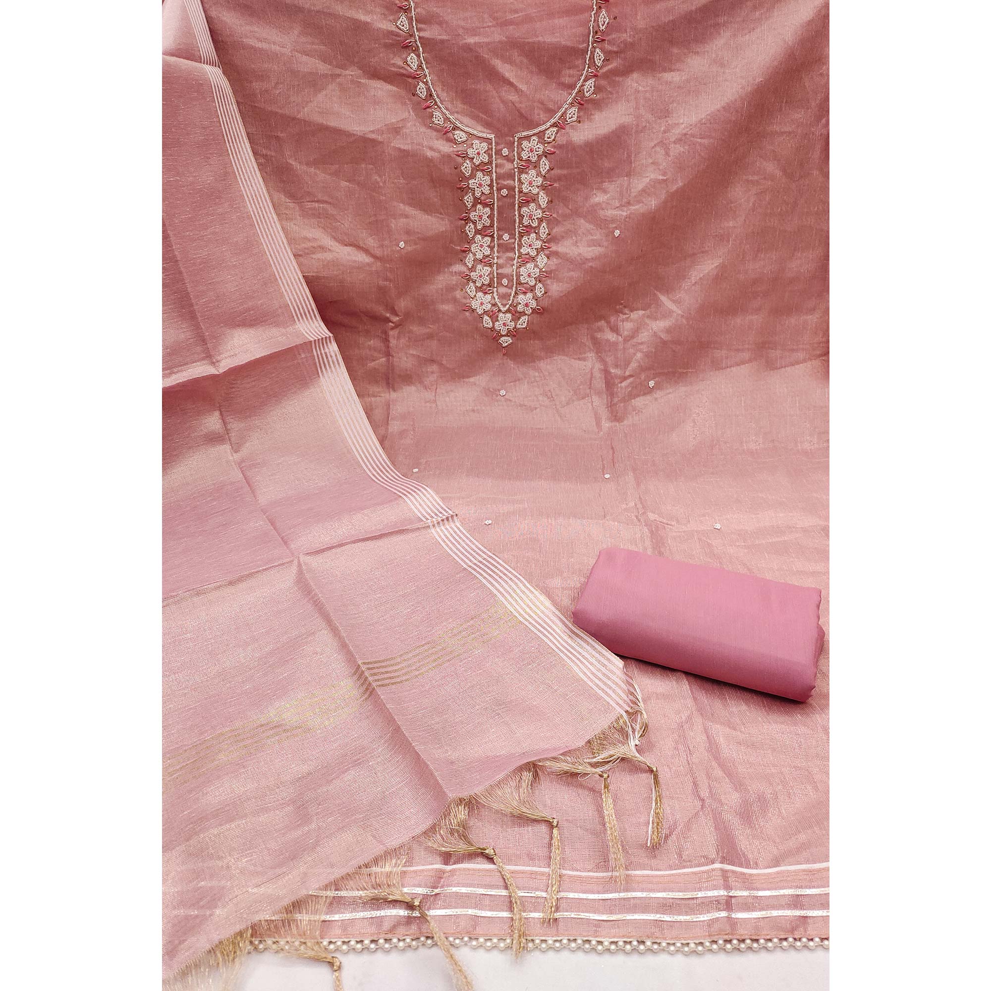 Dusty Rose Pink Shimmer Cotton Pure Cotton Dress Material With Intricate Moti & Stones Handwork - Image 4
