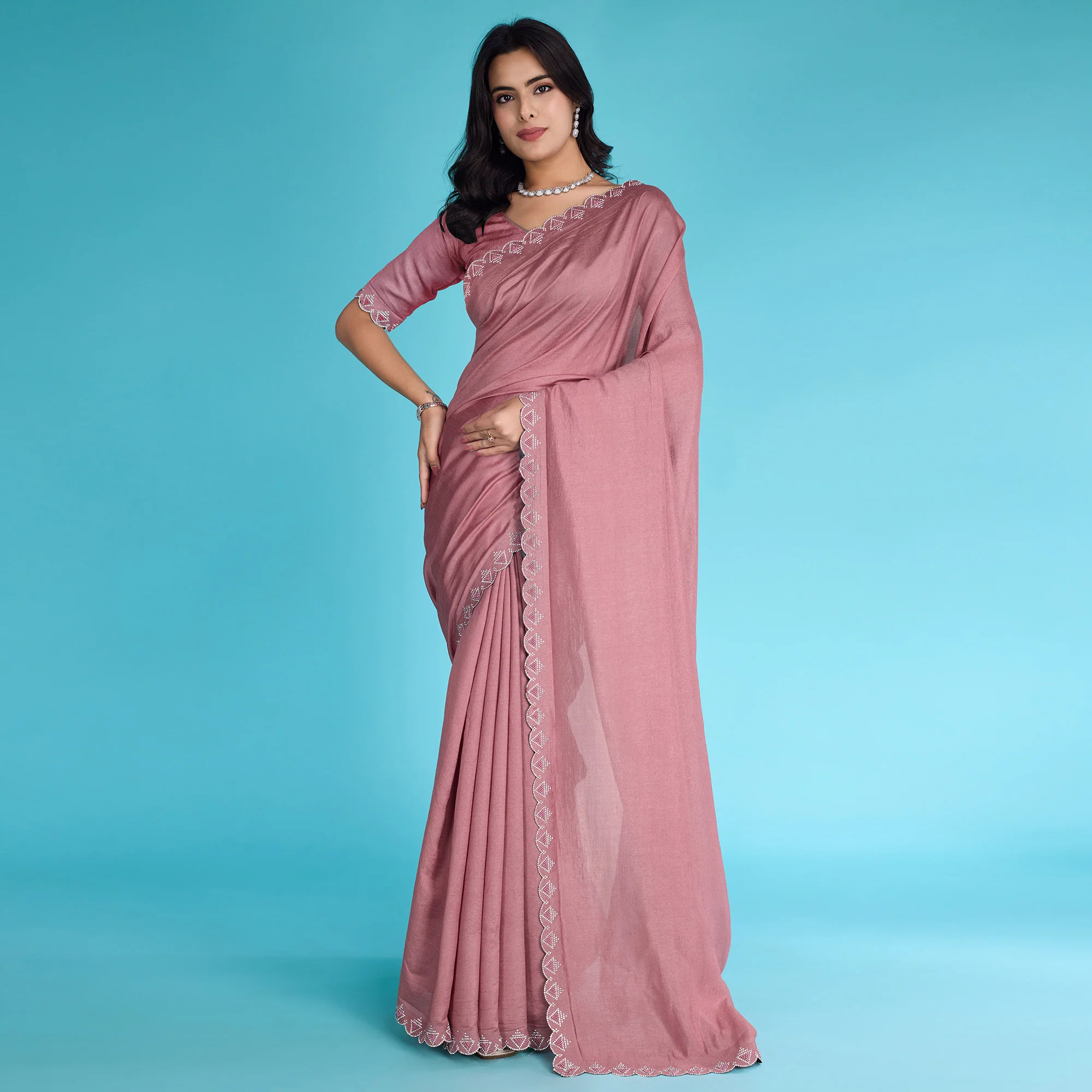 Dusty Rose Pink Solid With Zarkan & Pearl Diamond Lace Khadi Shimmer Saree - Image 2