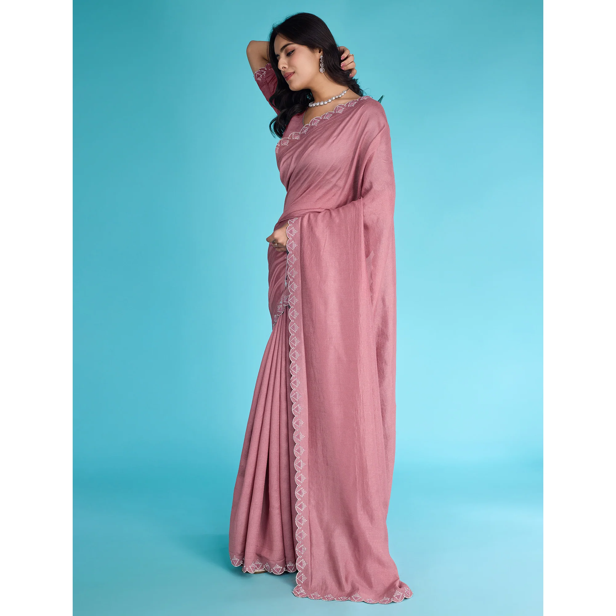Dusty Rose Pink Solid With Zarkan & Pearl Diamond Lace Khadi Shimmer Saree - Image 4