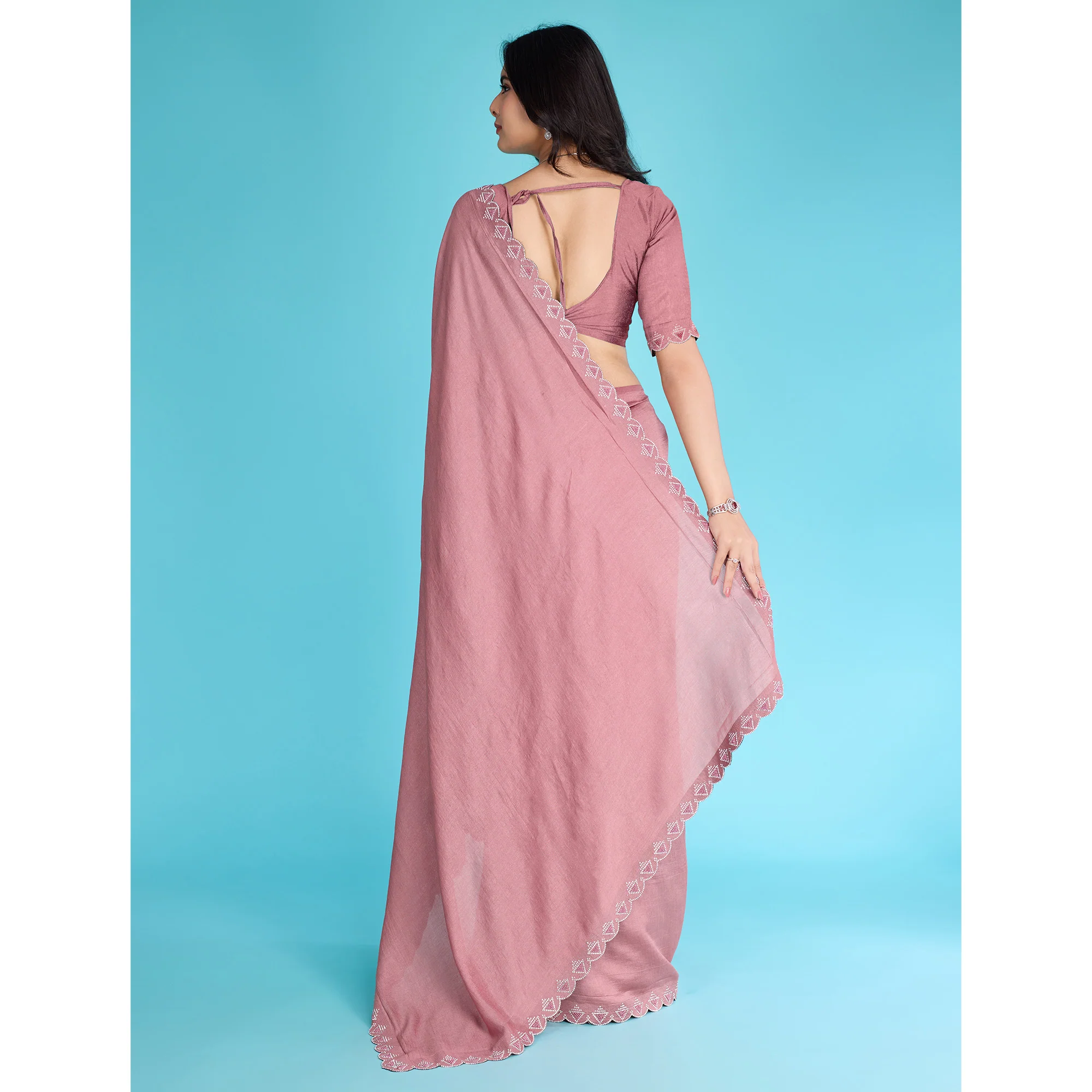 Dusty Rose Pink Solid With Zarkan & Pearl Diamond Lace Khadi Shimmer Saree - Image 5