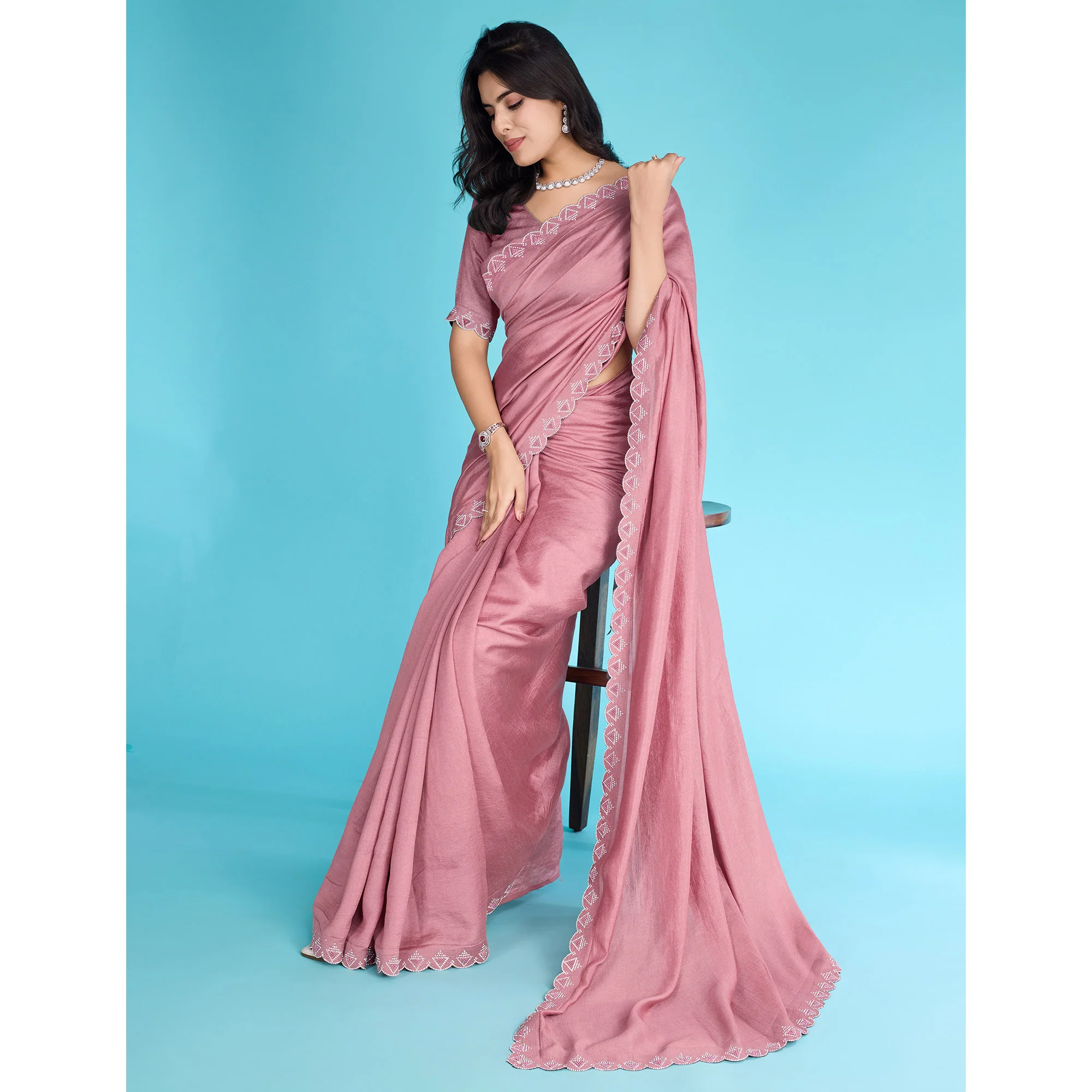 Dusty Rose Pink Solid With Zarkan & Pearl Diamond Lace Khadi Shimmer Saree - Image 6