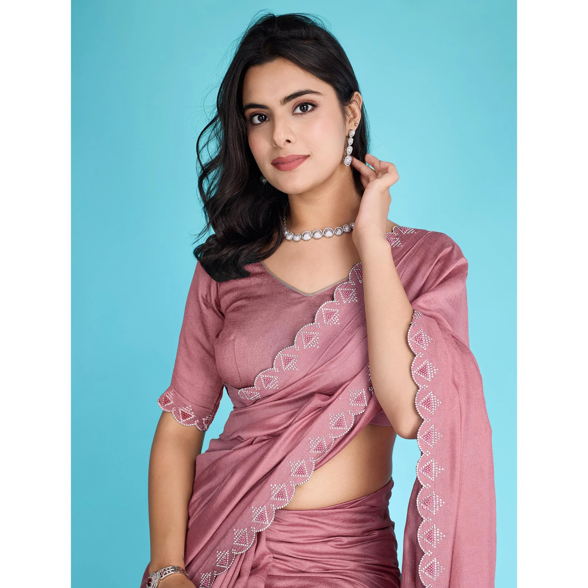 Dusty Rose Pink Solid With Zarkan & Pearl Diamond Lace Khadi Shimmer Saree - Image 7