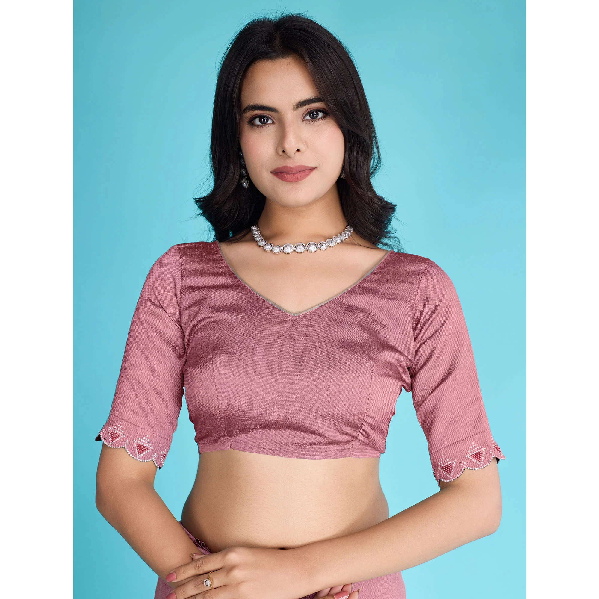 Dusty Rose Pink Solid With Zarkan & Pearl Diamond Lace Khadi Shimmer Saree - Image 8