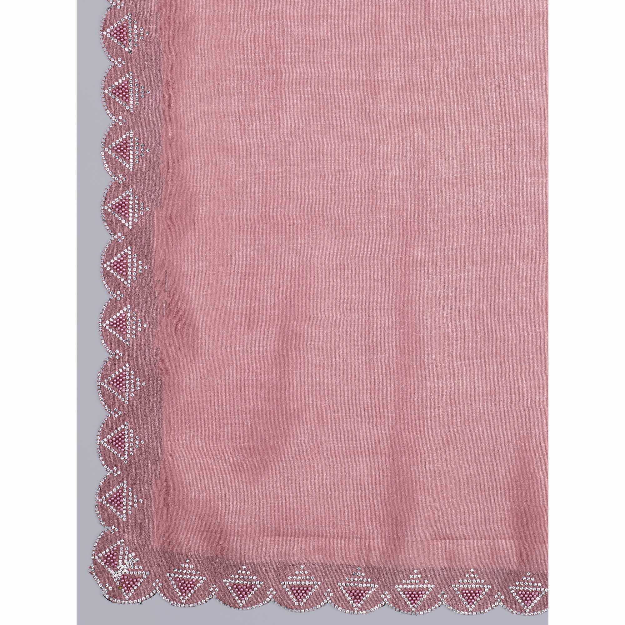 Dusty Rose Pink Solid With Zarkan & Pearl Diamond Lace Khadi Shimmer Saree - Image 9