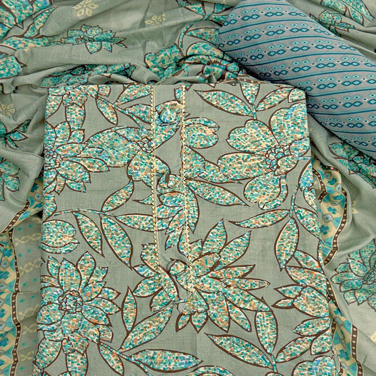 Dusty Sea Green Floral Printed Pure Cotton Dress Material With Elegant Everyday Appeal - Image 2