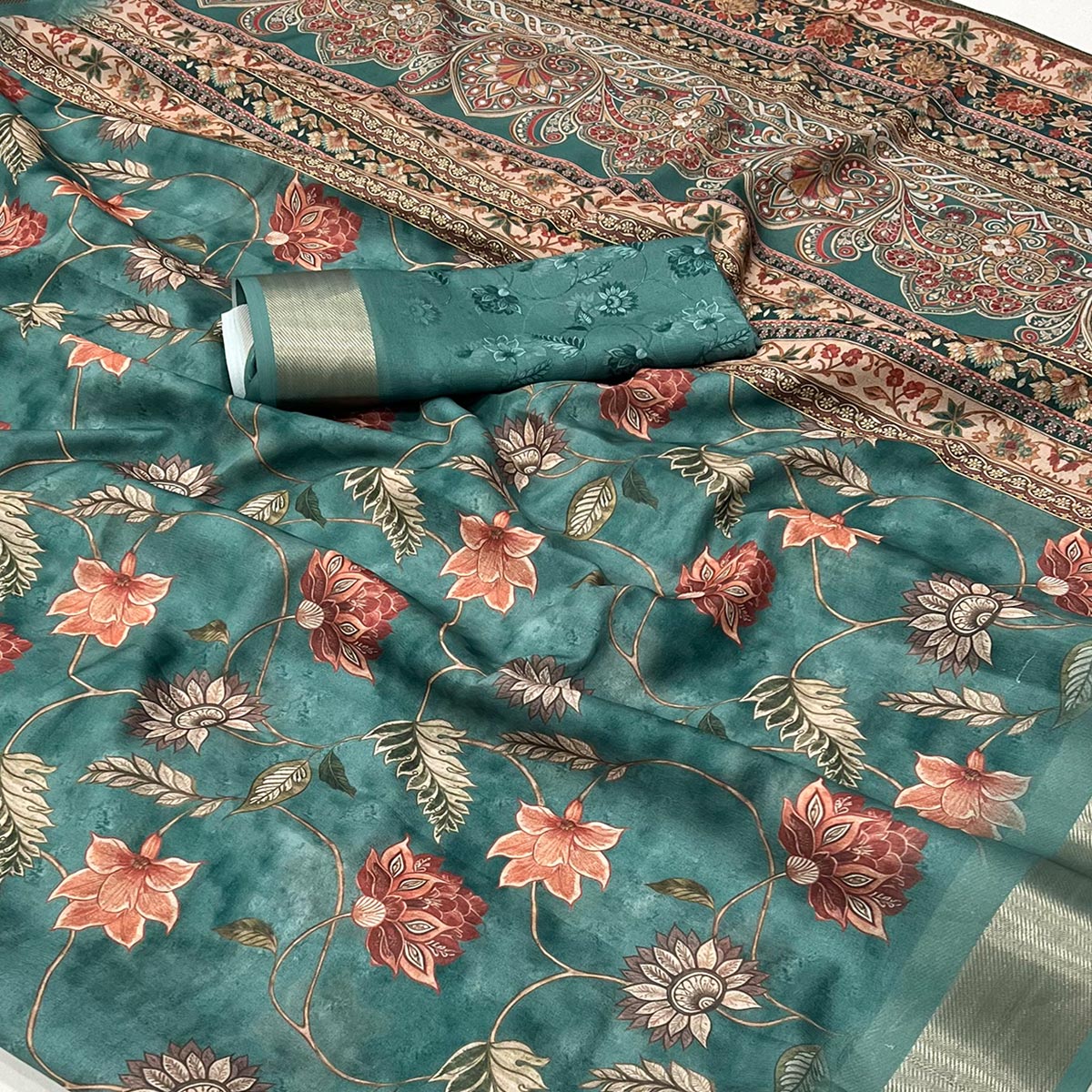 Dusty Teal Floral Digital Printed Georgette Saree With Zari Border - Image 2