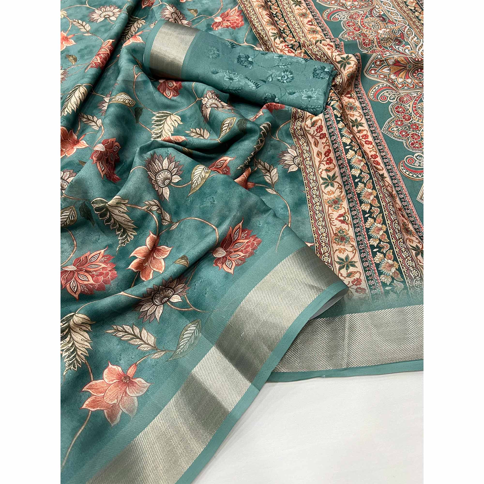 Dusty Teal Floral Digital Printed Georgette Saree With Zari Border - Image 3