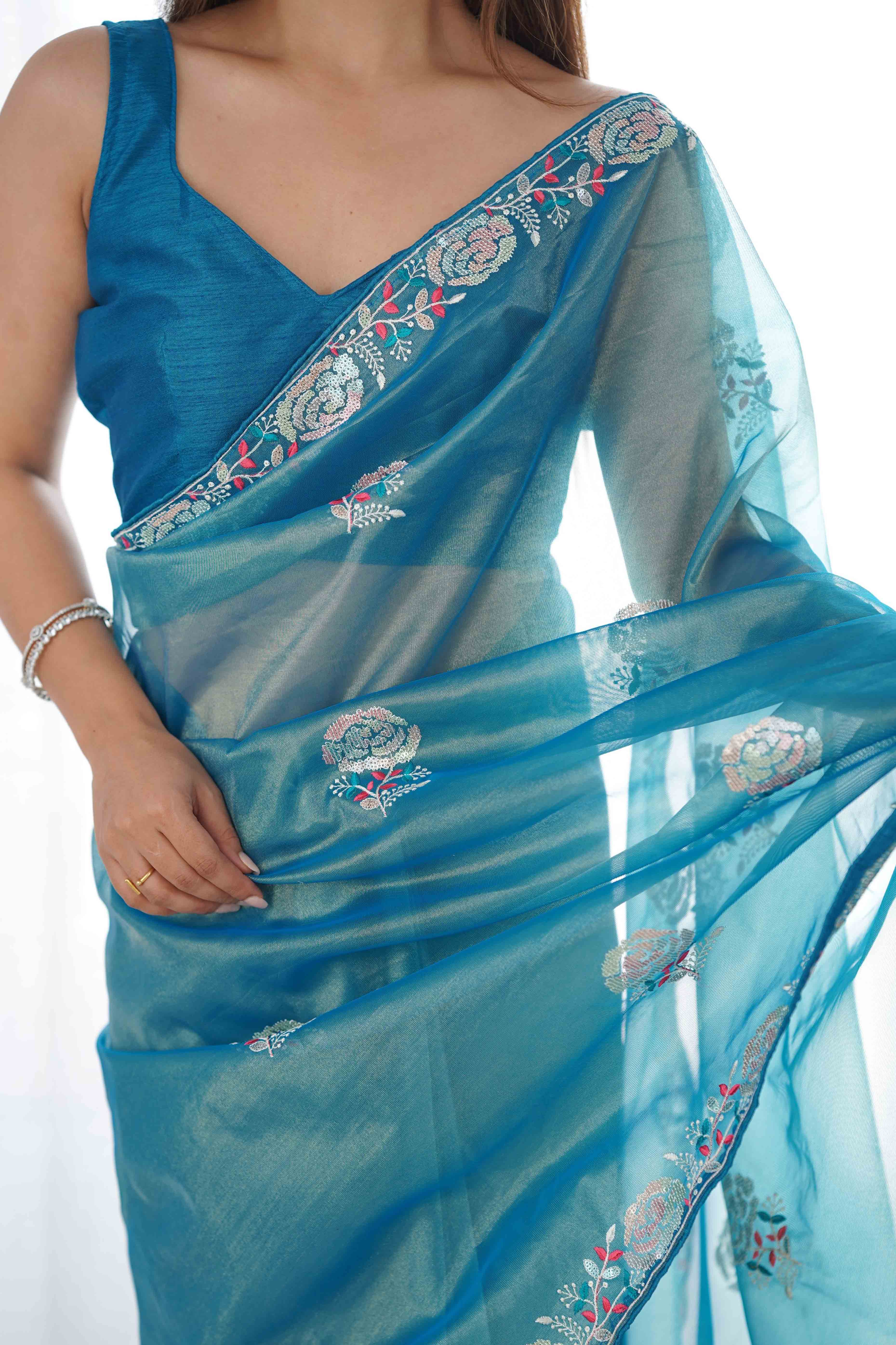 Dusty Teal Floral Embroidered Net Saree - Image 2