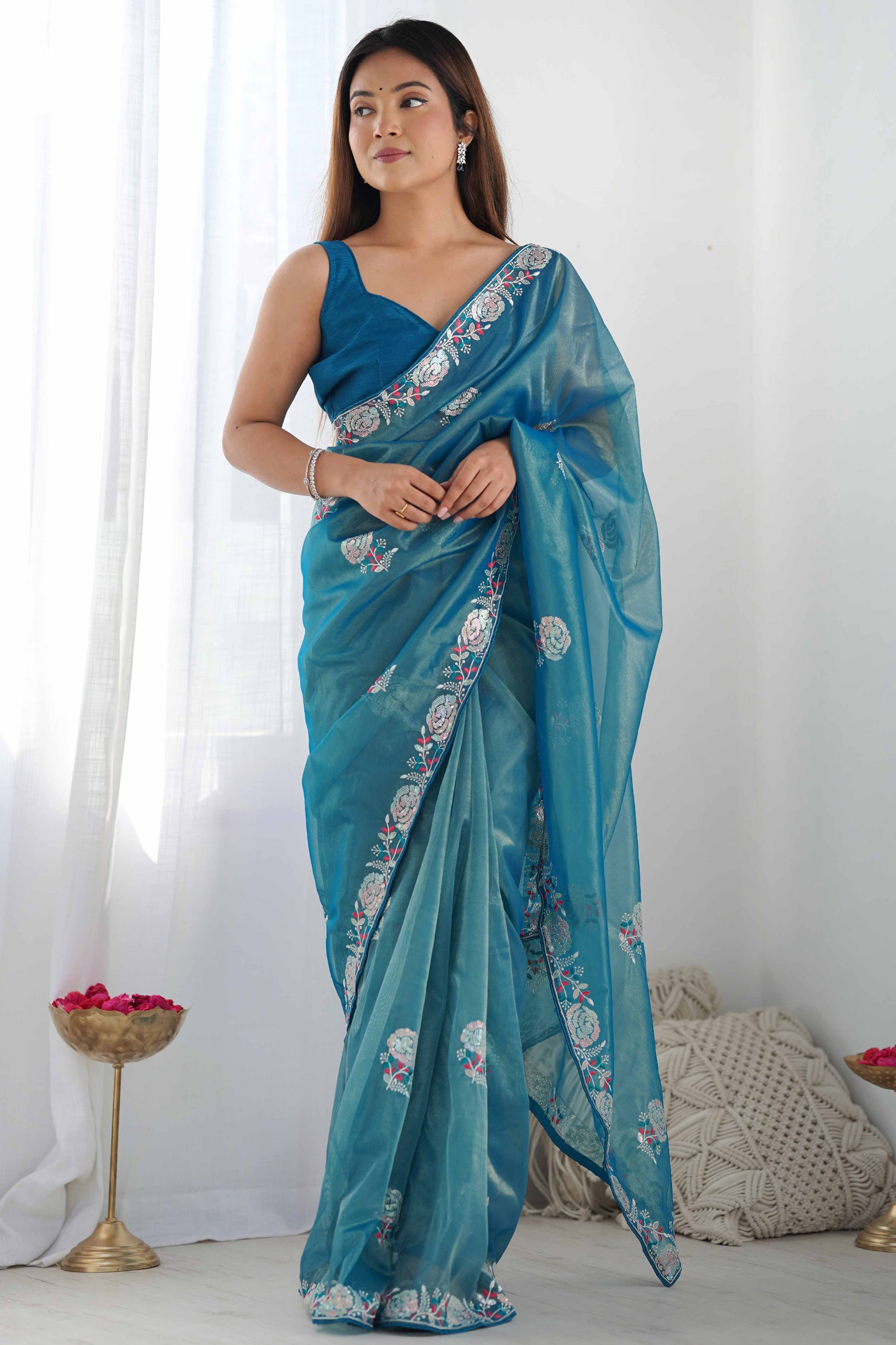 Dusty Teal Floral Embroidered Net Saree - Image 3