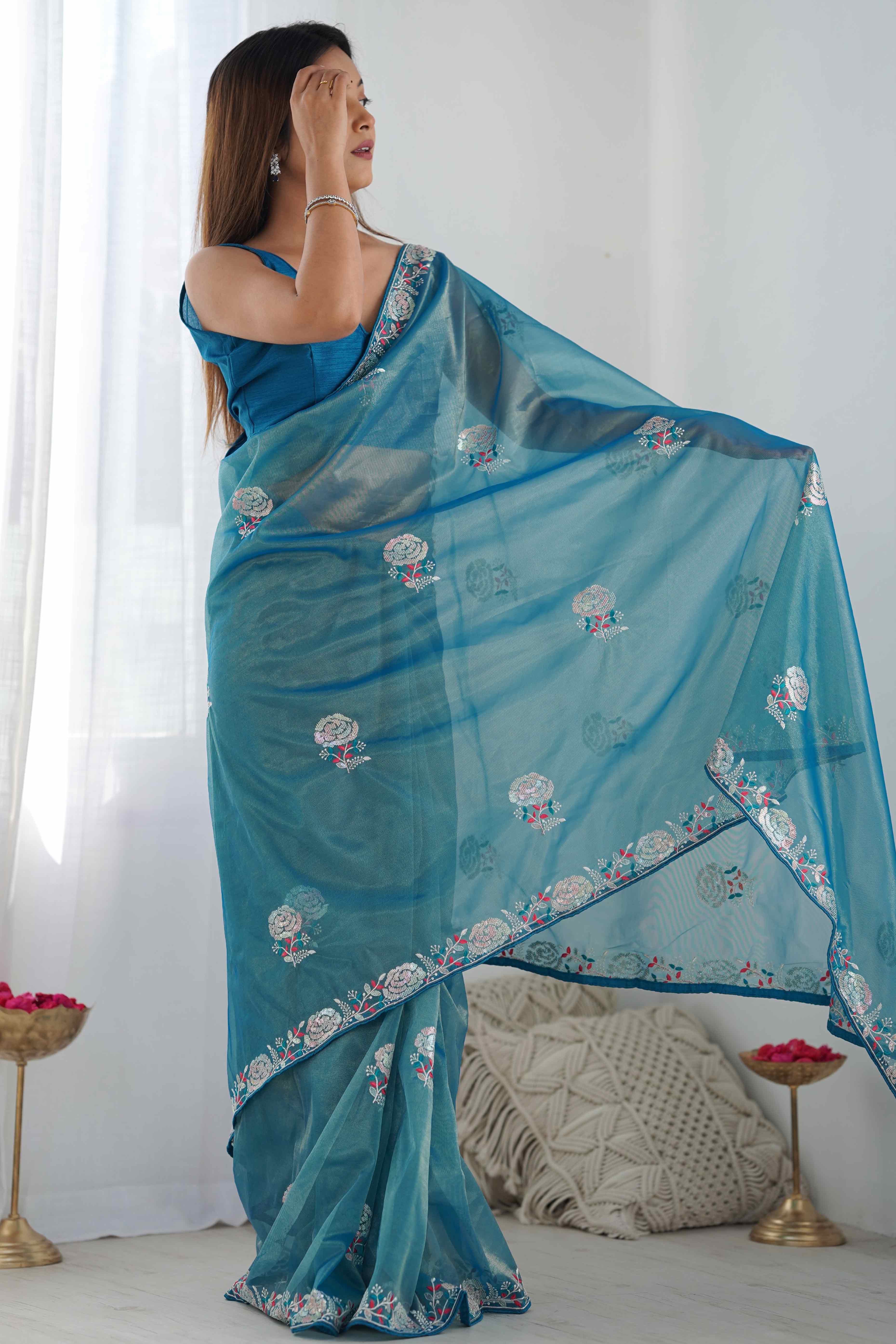 Dusty Teal Floral Embroidered Net Saree - Image 5