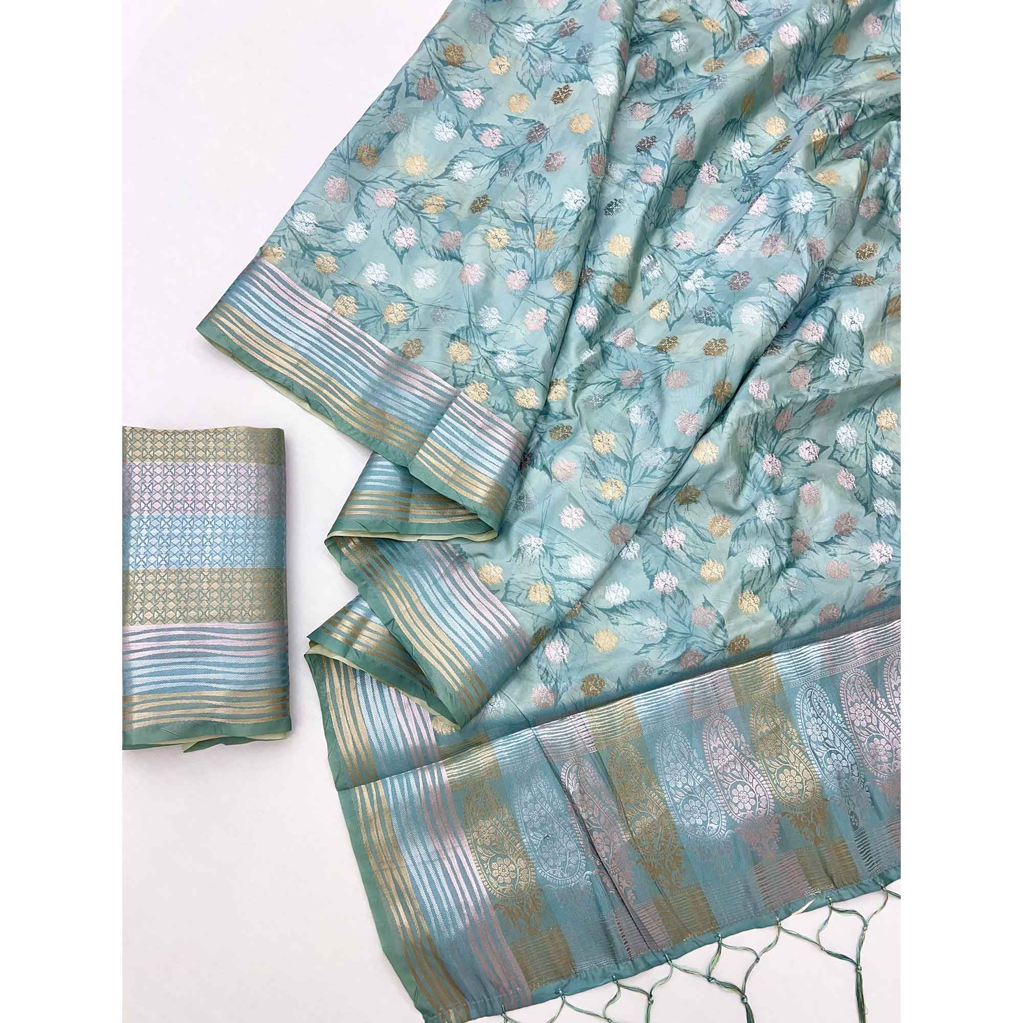 Dusty Turquoise Floral Motif Weaving & Artistic Digital Printed Silk Blend Saree With Tassel Pallu - Image 3