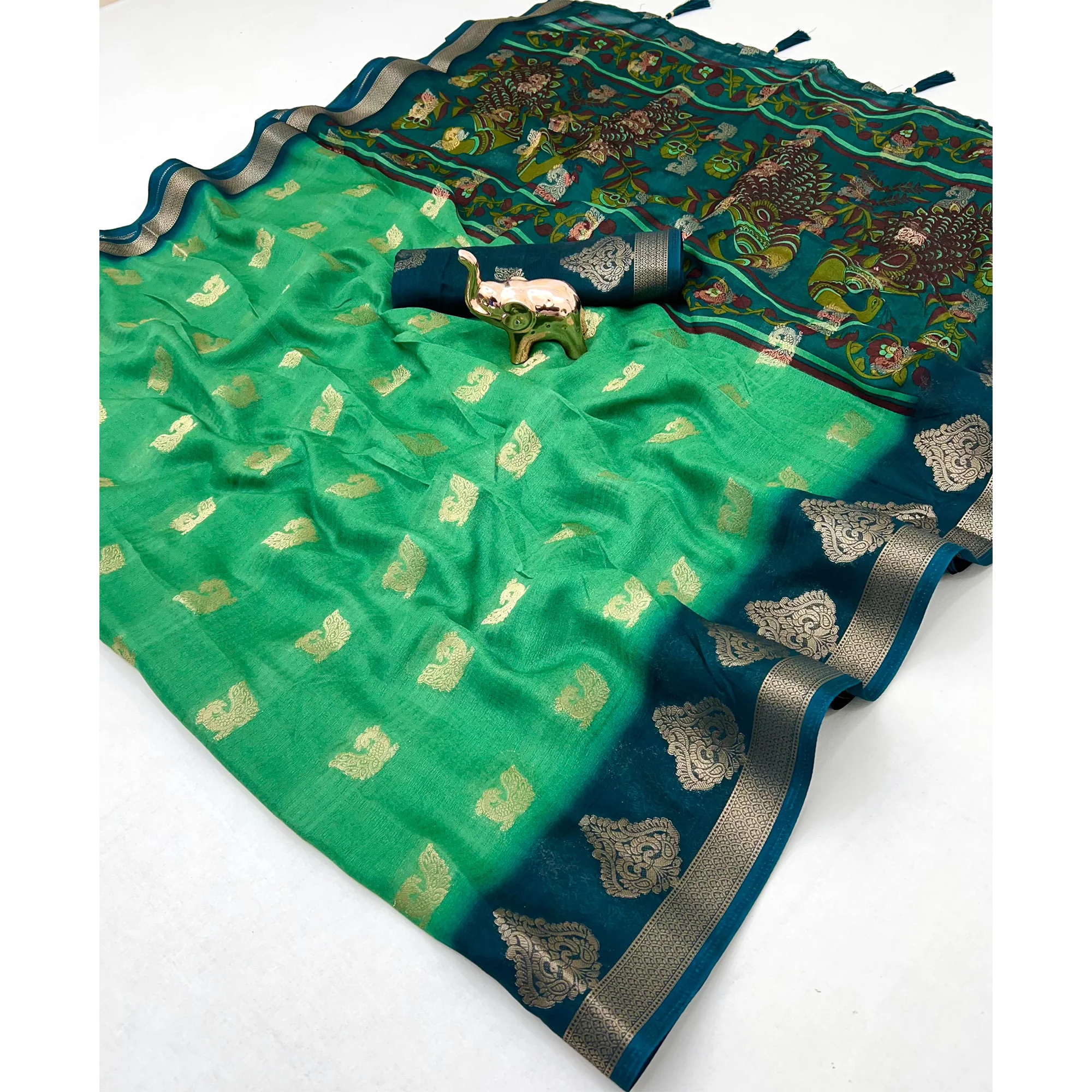 Elegant Aqua Green Peacock Pattern Zari Weaving Georgette Saree With Tassel Pallu - Image 3