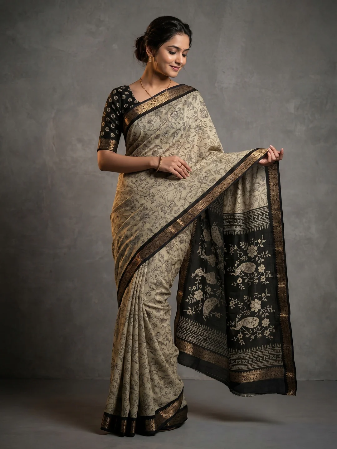 Elegant Beige & Black Viscose Saree with Floral Print and Jacquard Border