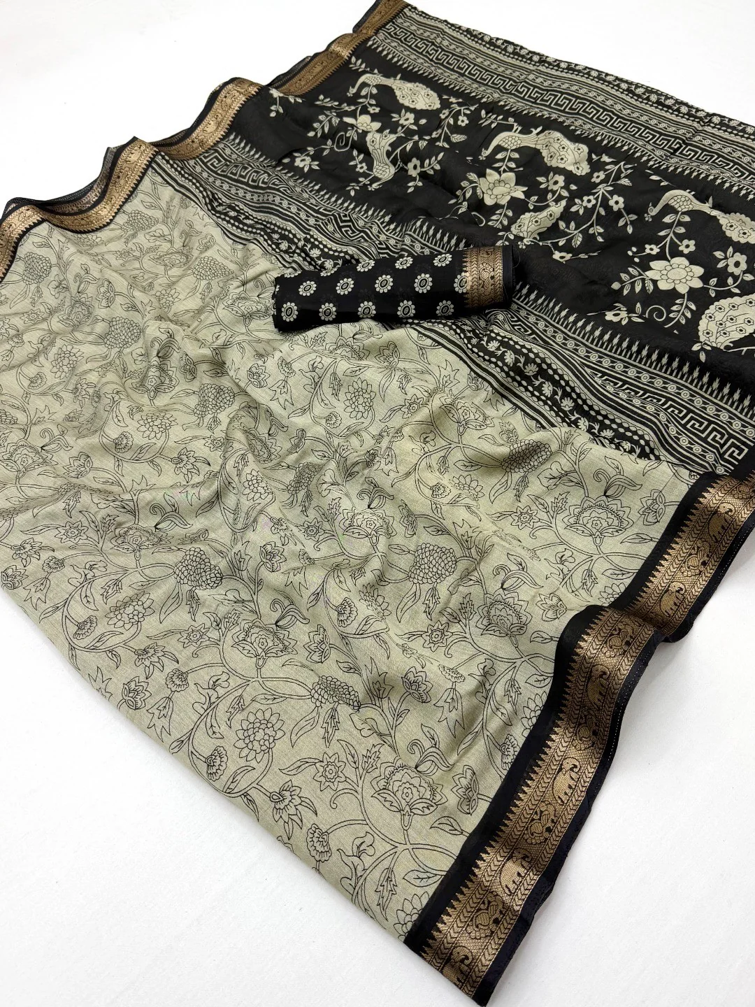 Elegant Beige & Black Viscose Saree with Floral Print and Jacquard Border - Image 2