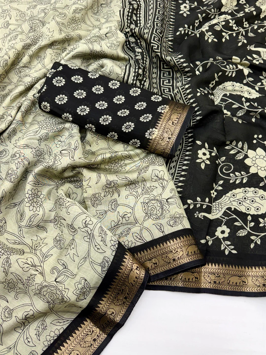 Elegant Beige & Black Viscose Saree with Floral Print and Jacquard Border - Image 3