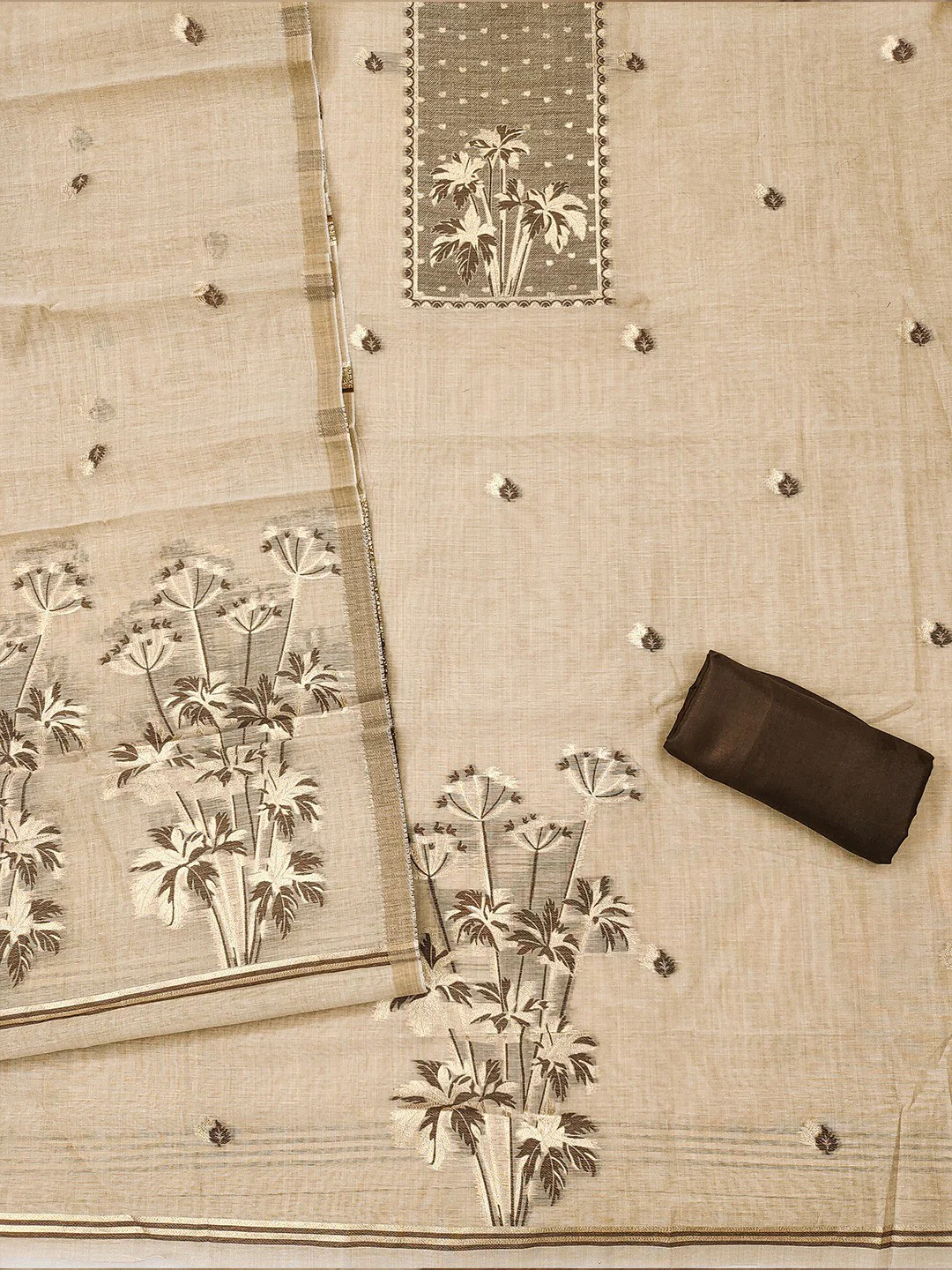 Elegant Beige & Brown Floral Zari Weaving Chanderi Silk Dress Material With Intricate Work - Image 3