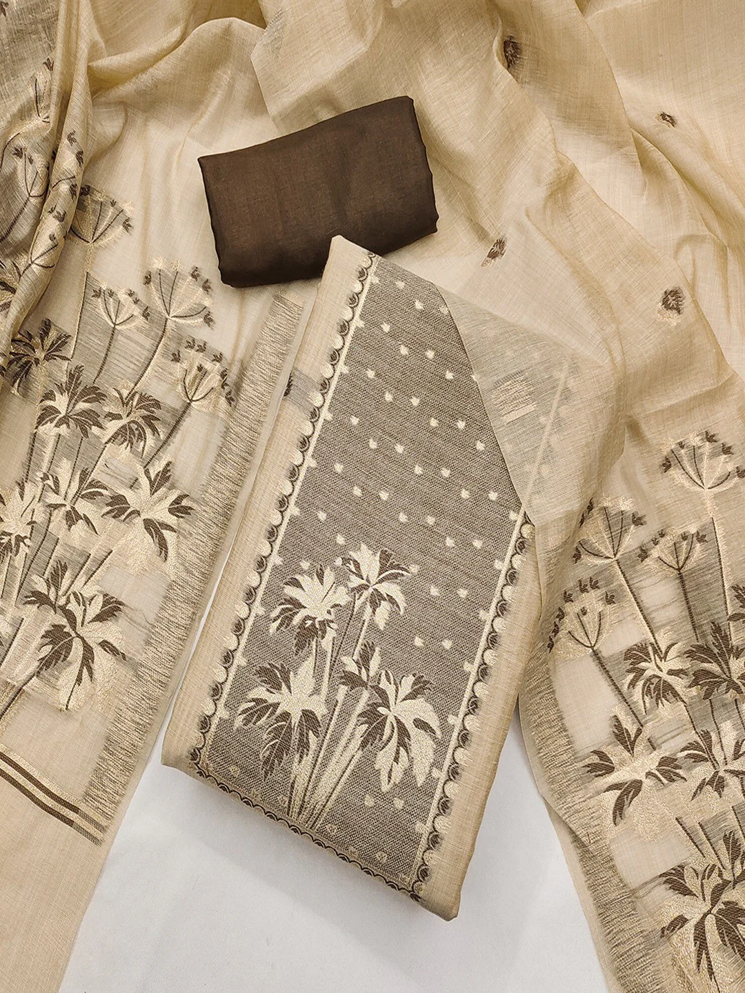 Elegant Beige & Brown Floral Zari Weaving Chanderi Silk Dress Material With Intricate Work - Image 4