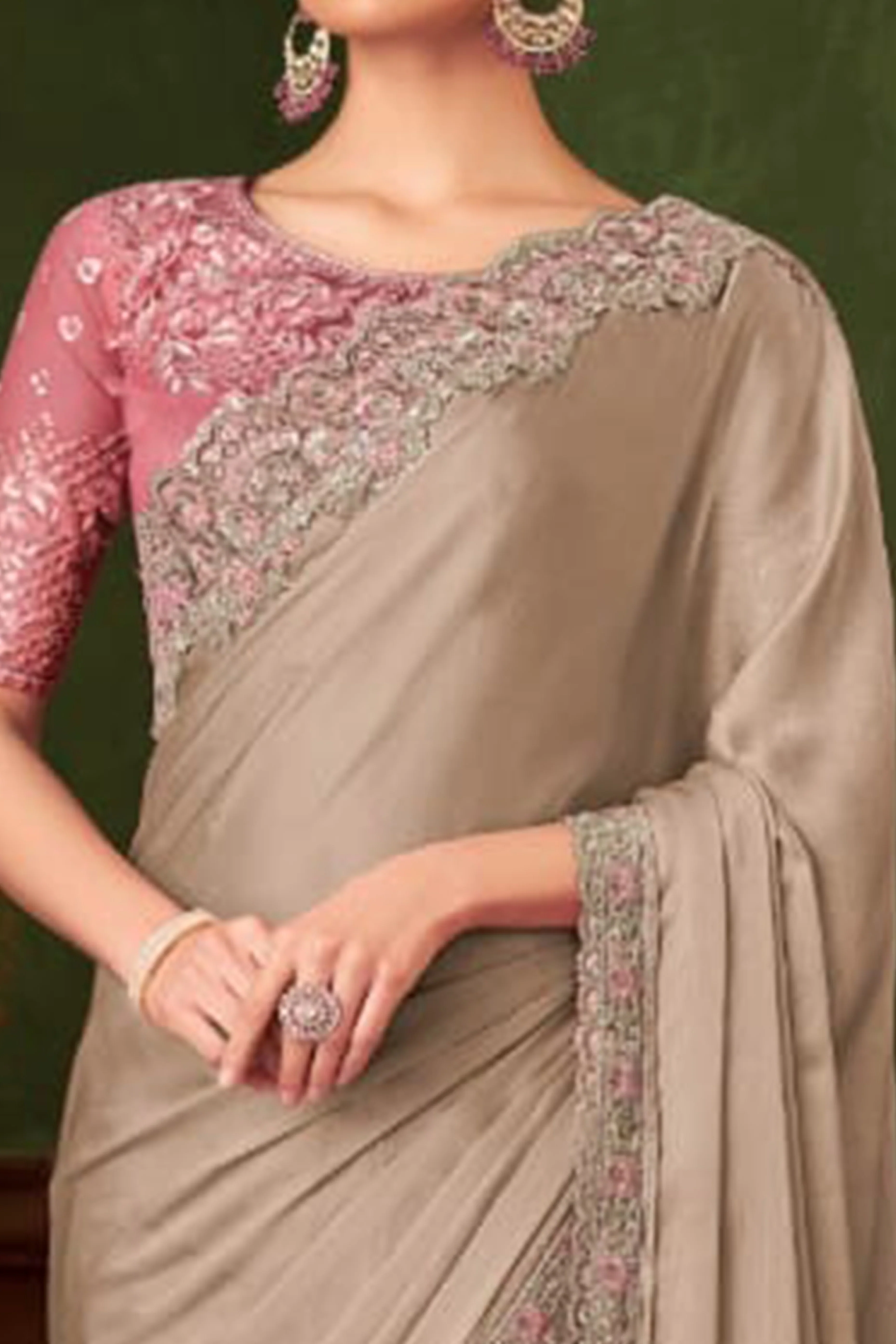 Elegant Beige Floral Thread Embroidered Chiffon Saree Featuring Sequins Accents - Image 2