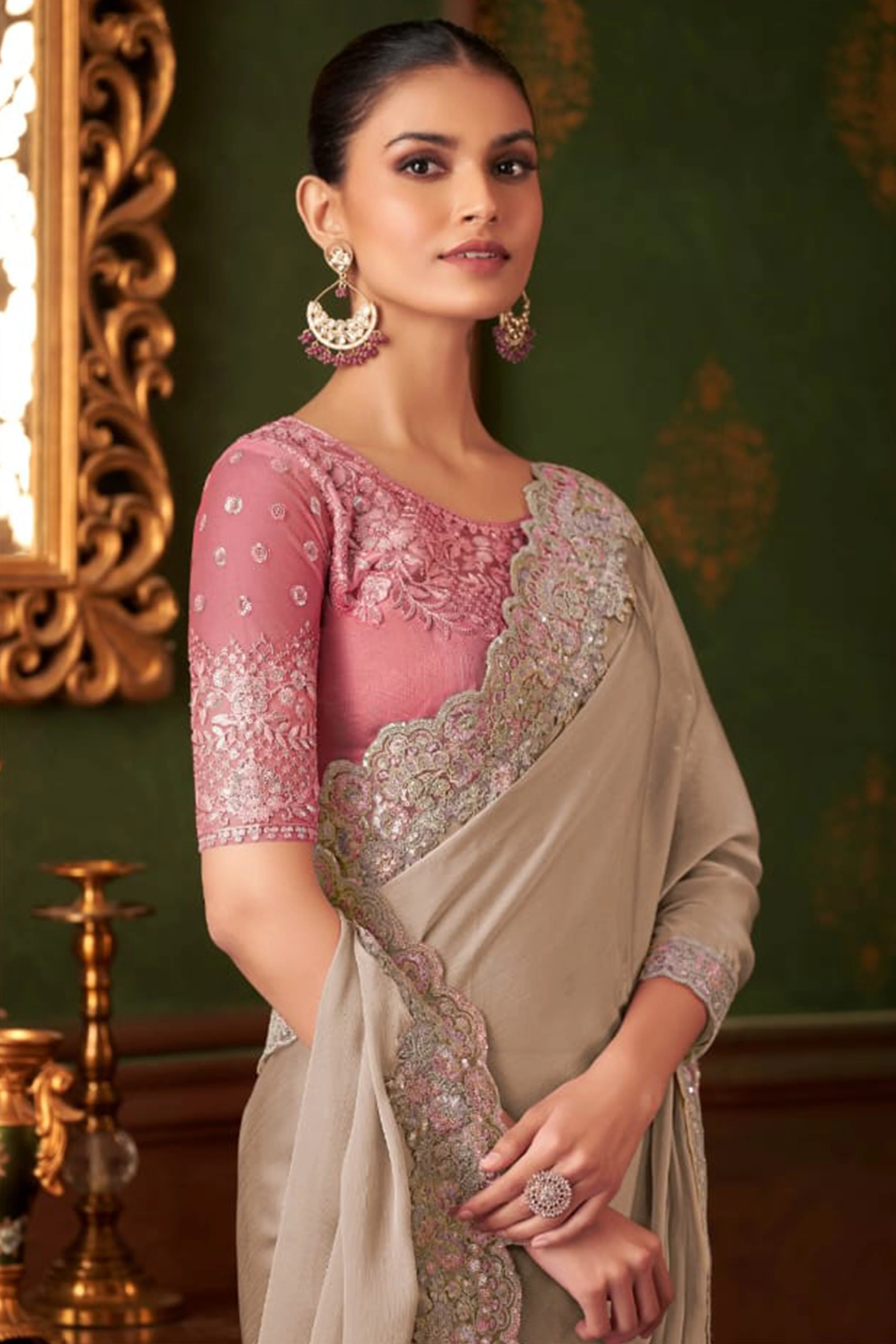 Elegant Beige Floral Thread Embroidered Chiffon Saree Featuring Sequins Accents - Image 3