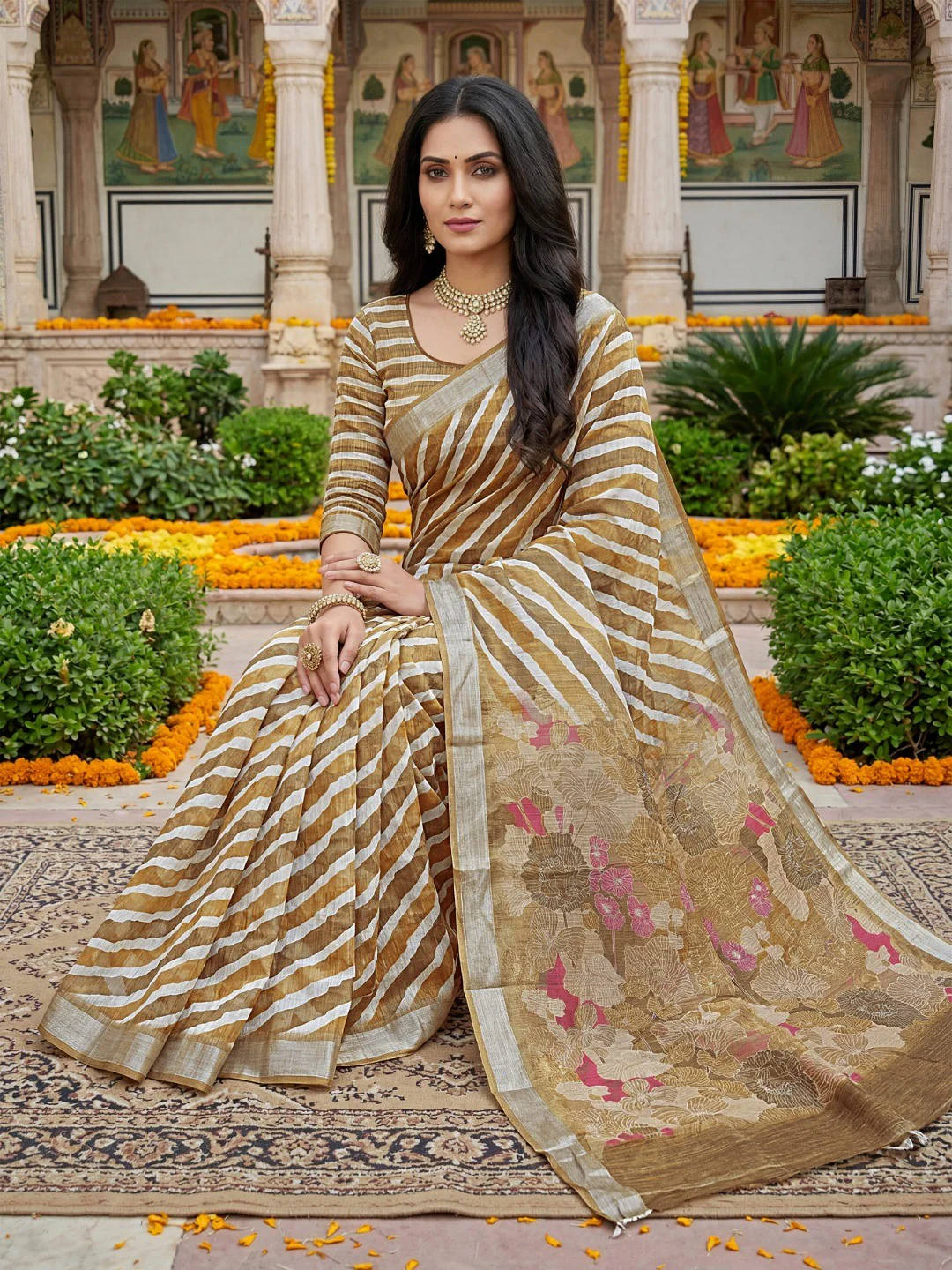 Elegant Beige Leheriya Linen Saree with Floral Pallu - Image 5