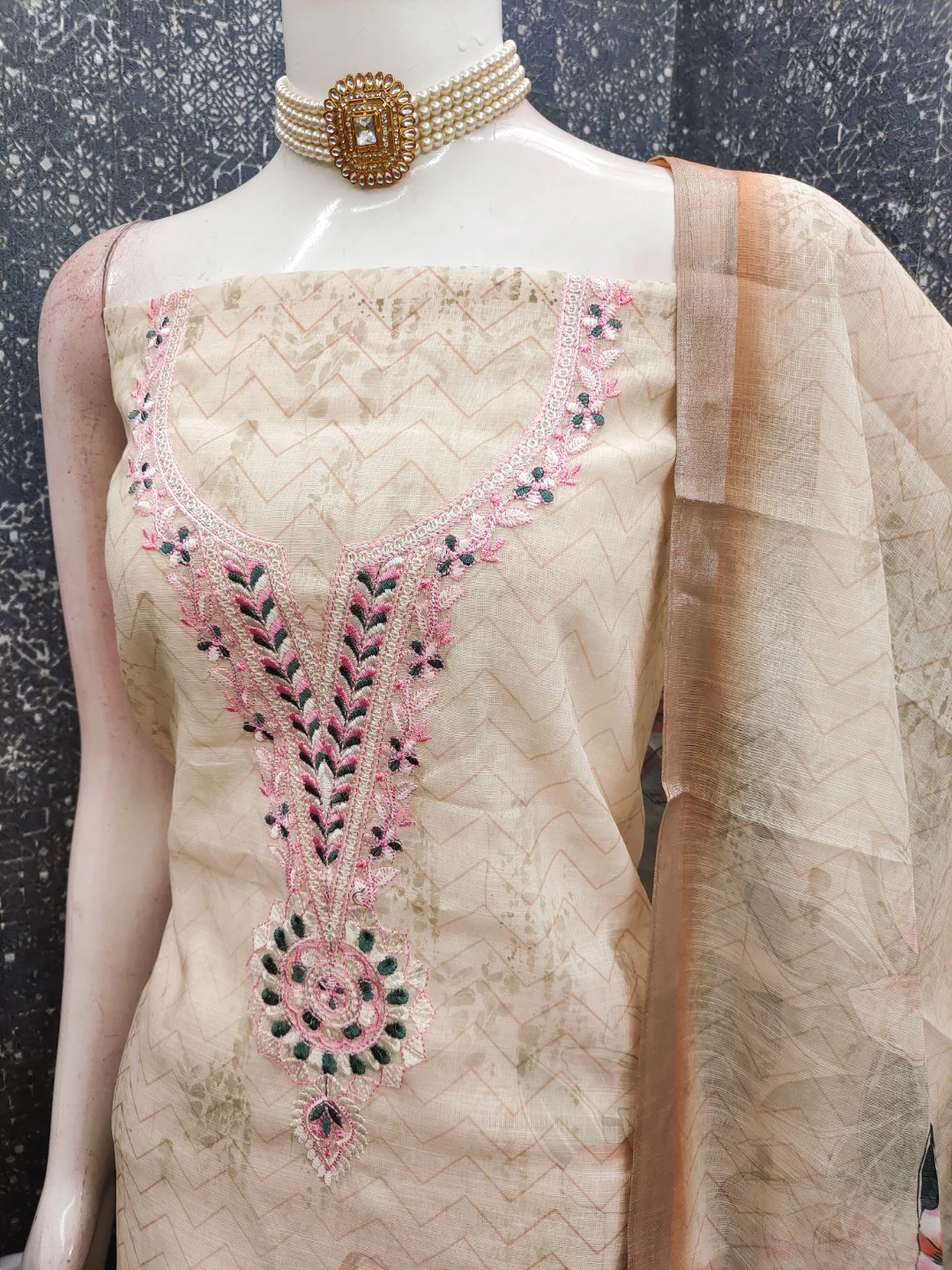 Elegant Beige Linen Dress Material with Floral Thread Work and Dupatta - Image 3