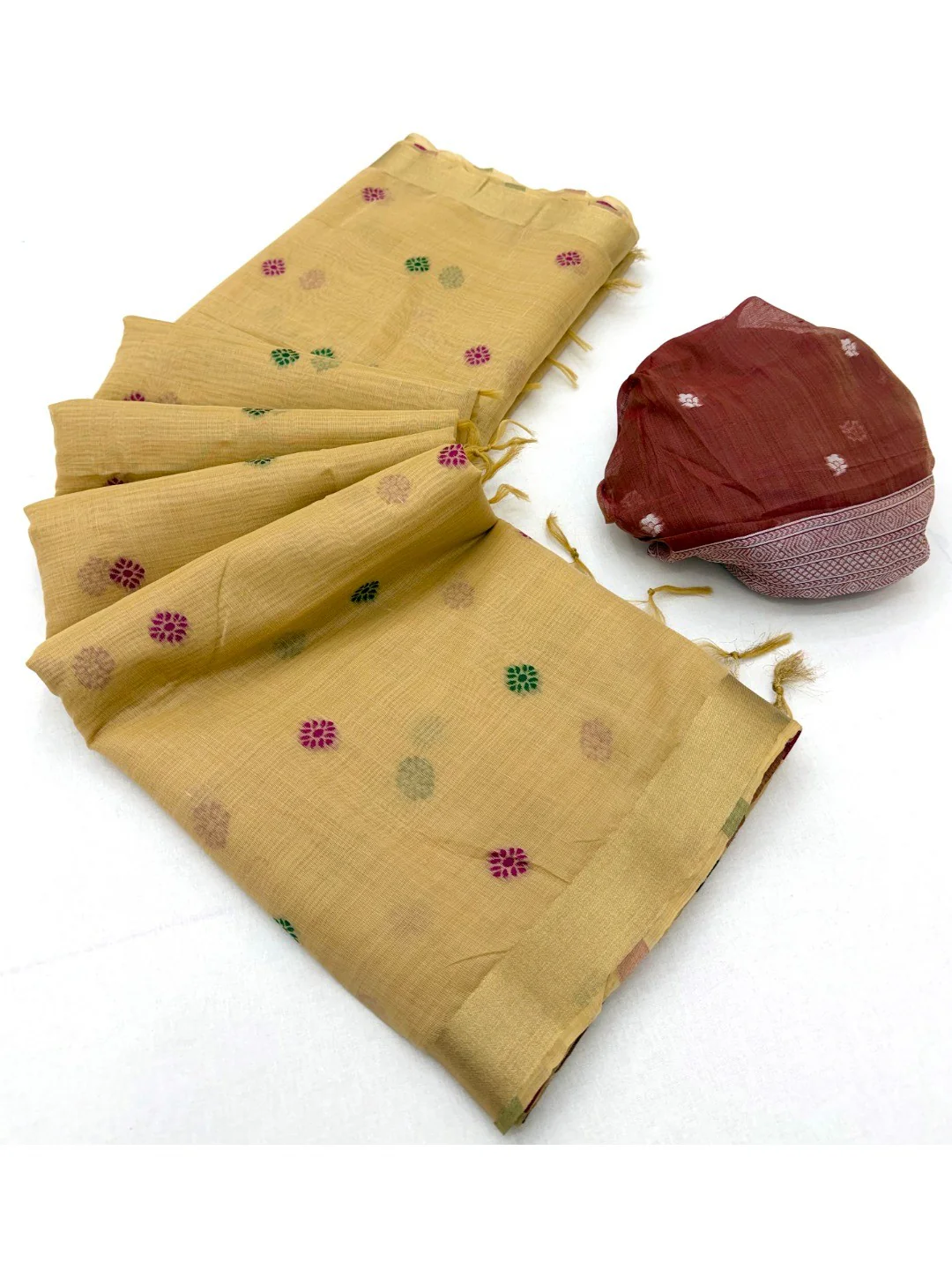 Elegant Beige Linen Saree with Floral Prints and Swan Motif Pallu - Image 3
