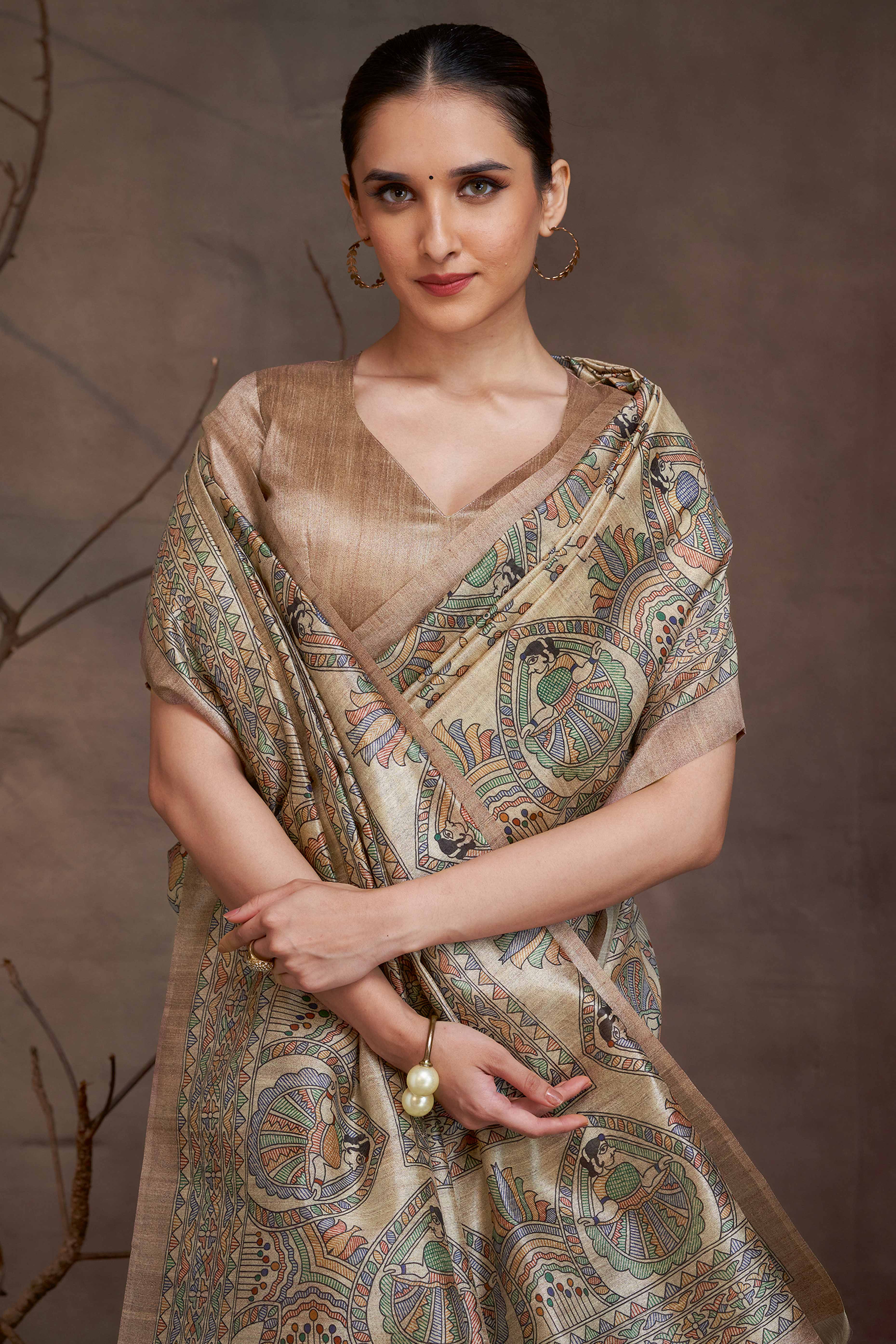 Elegant Beige Madhubani Printed Saree in Cotton Silk - Image 4