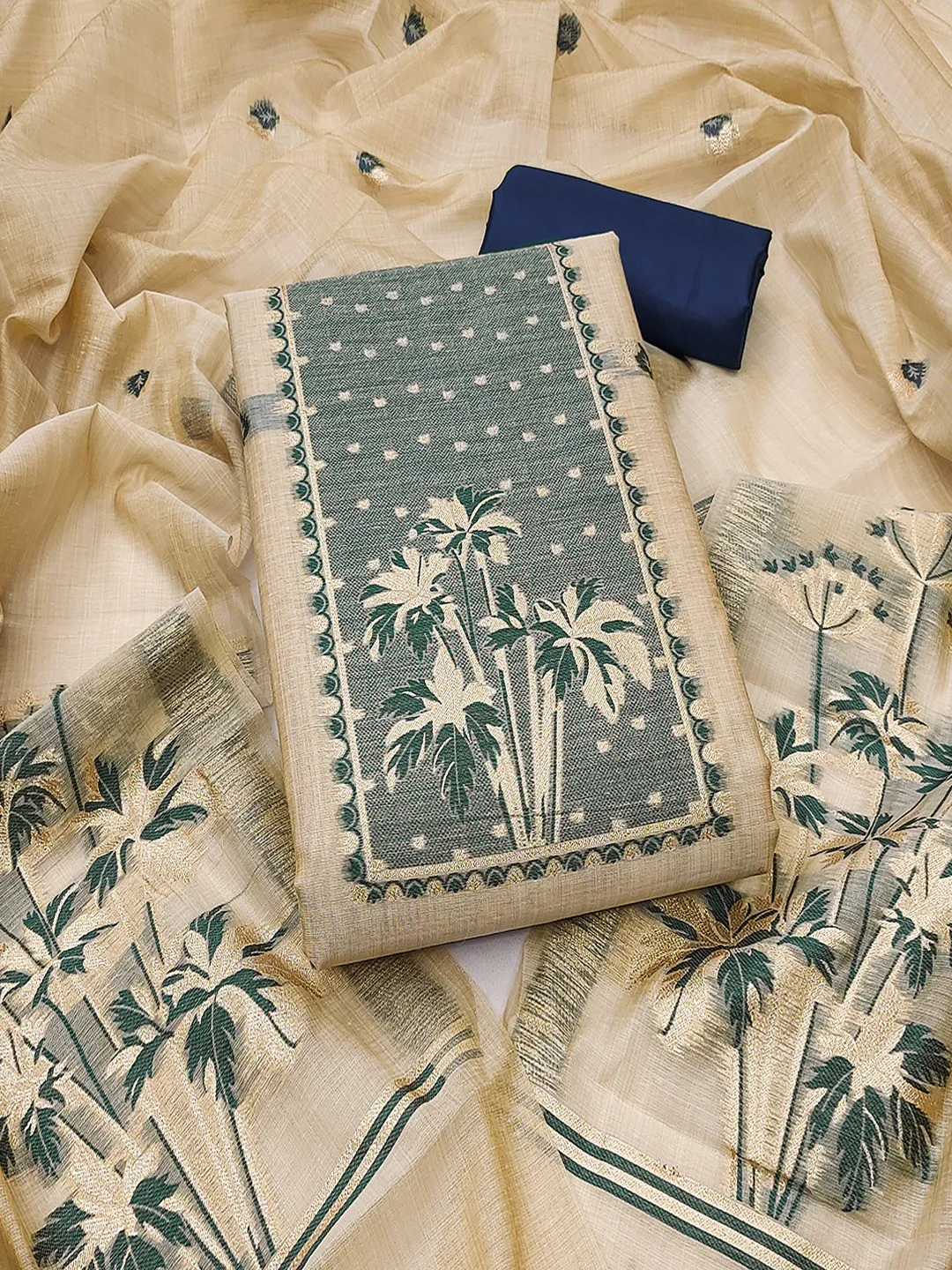 Elegant Beige & Navy Blue Floral Zari Weaving Chanderi Silk Dress Material With Intricate Work - Image 5