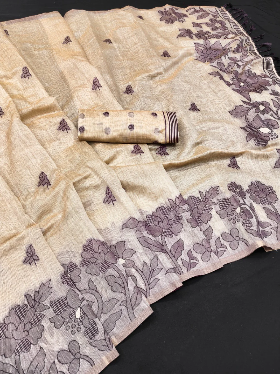 Elegant Beige Pure Cotton Saree with Purple Floral Thread Work - Image 3