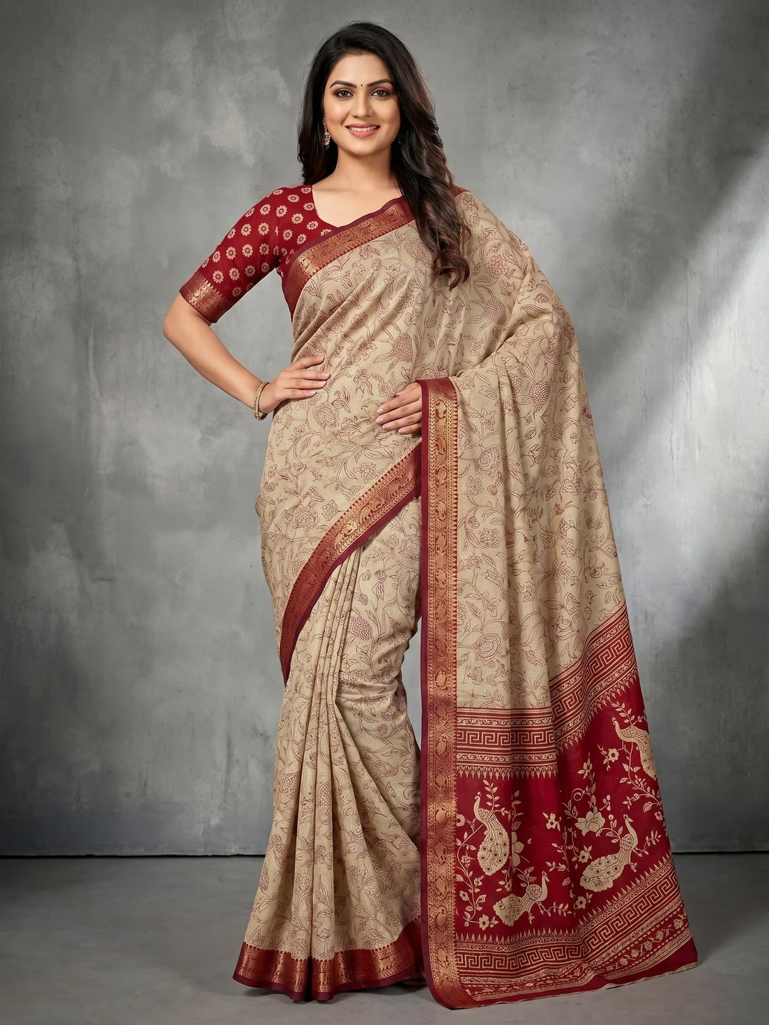 Elegant Beige & Red Viscose Saree with Floral Print and Jacquard Border