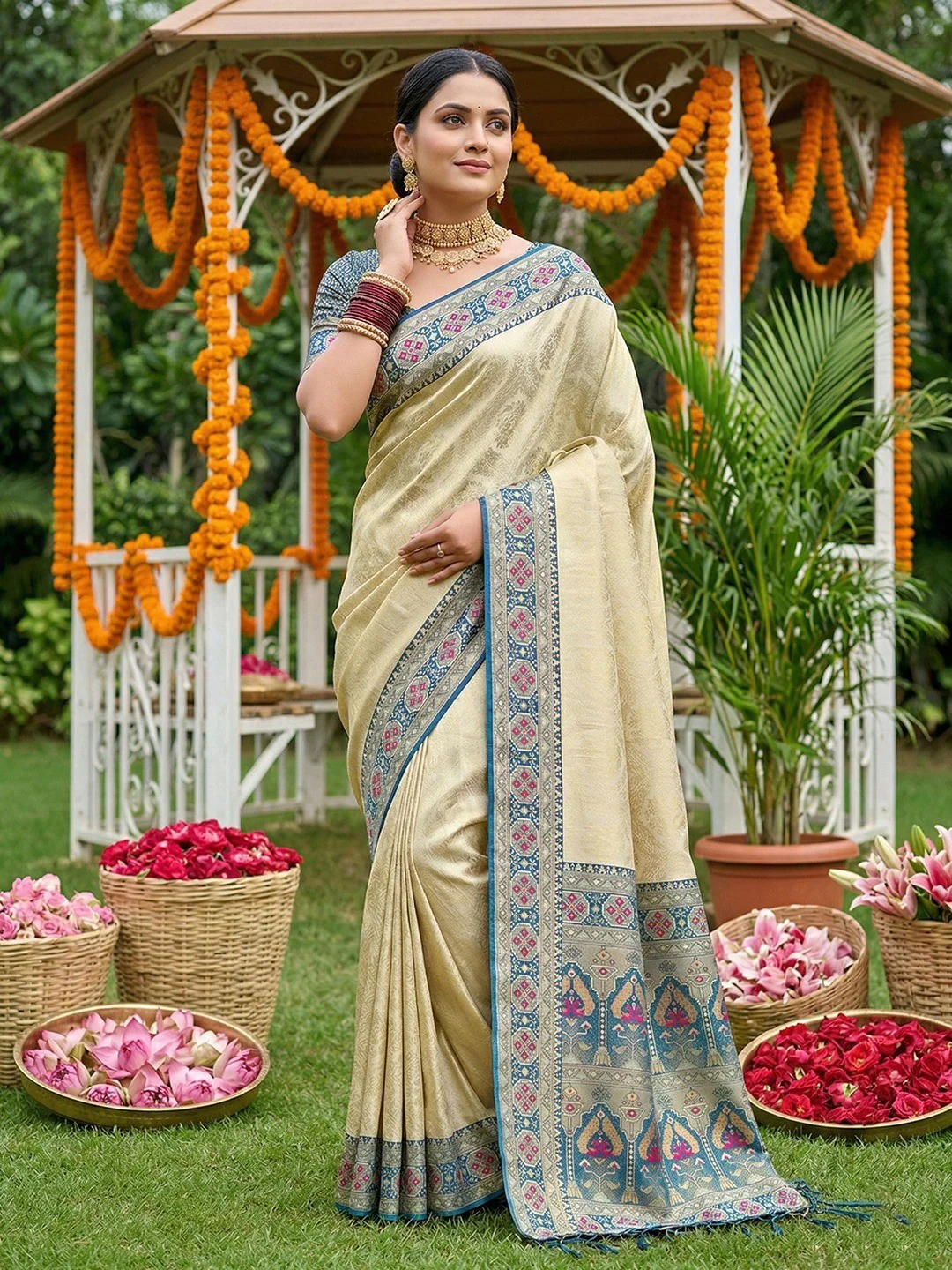 Elegant Beige Silk Blend Woven Saree with Rich Blue Border