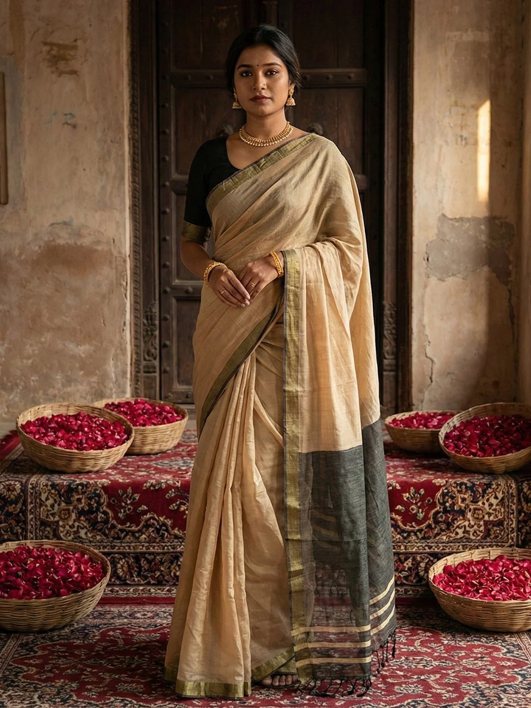 Elegant Beige Solid Cotton Blend Saree Highlighted By Woven Border & Tassel Pallu