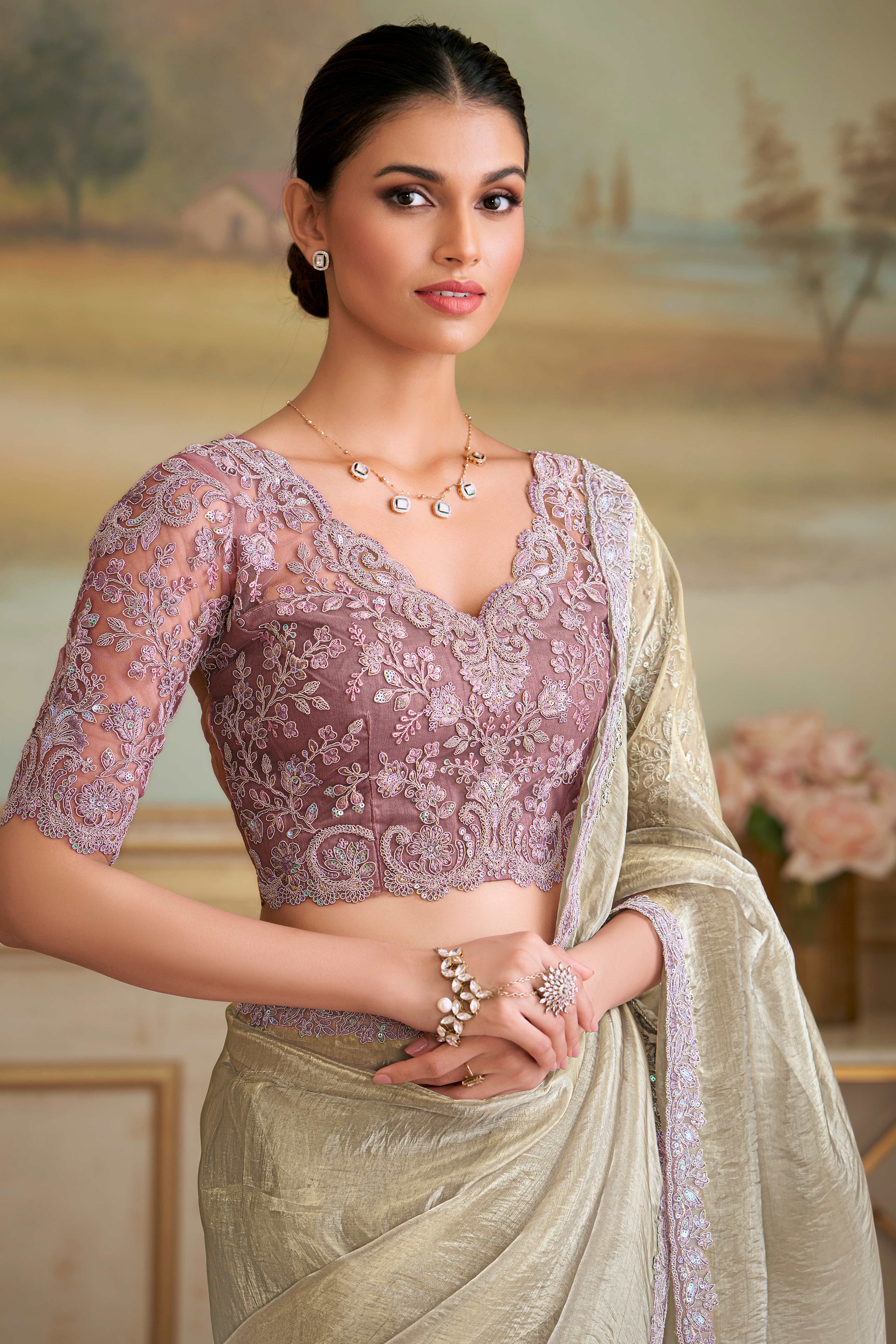 Elegant Beige Tissue Silk Saree Enhanced With Floral Sequins Embroidered Lace Border - Image 3