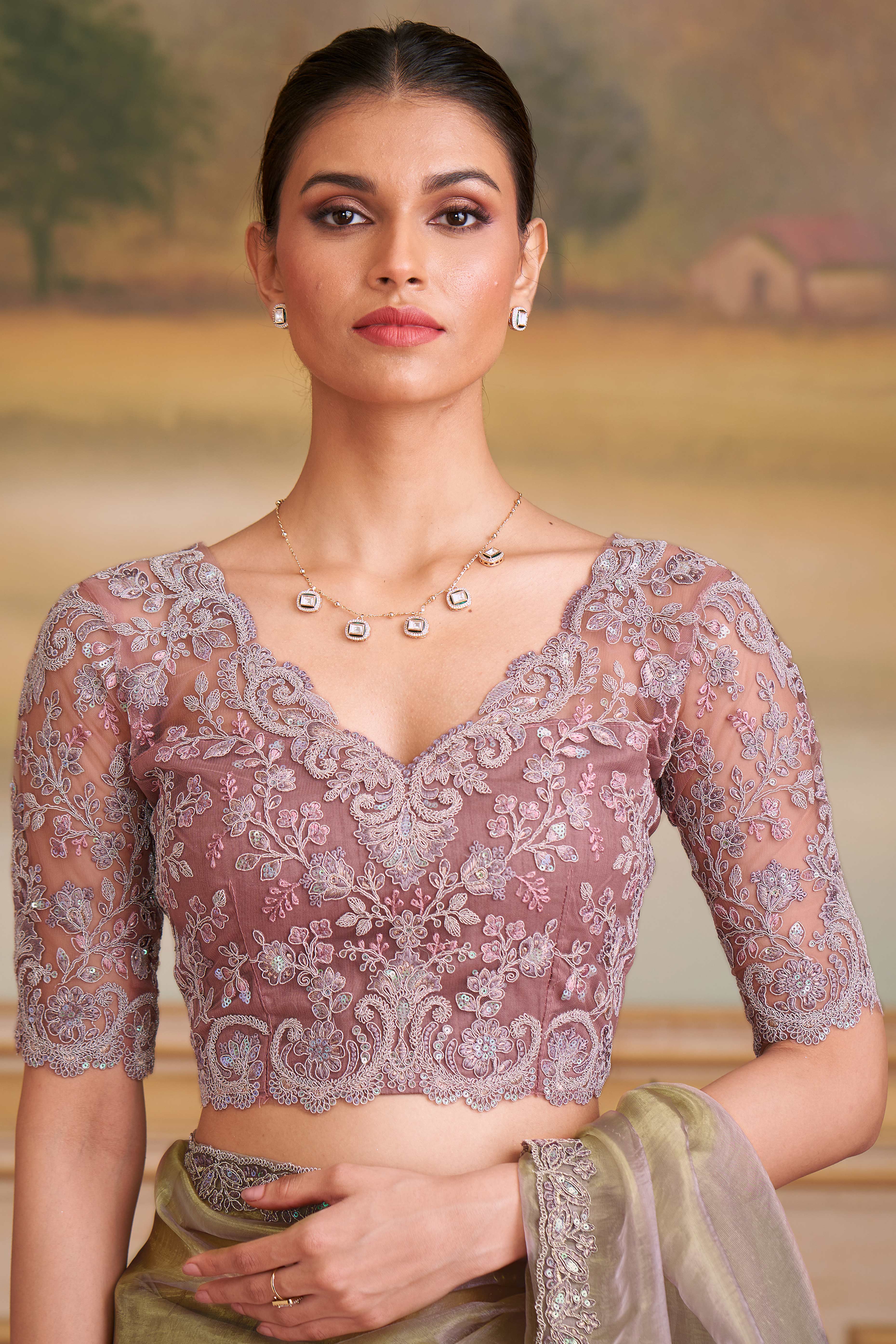 Elegant Beige Tissue Silk Saree Enhanced With Floral Sequins Embroidered Lace Border - Image 4