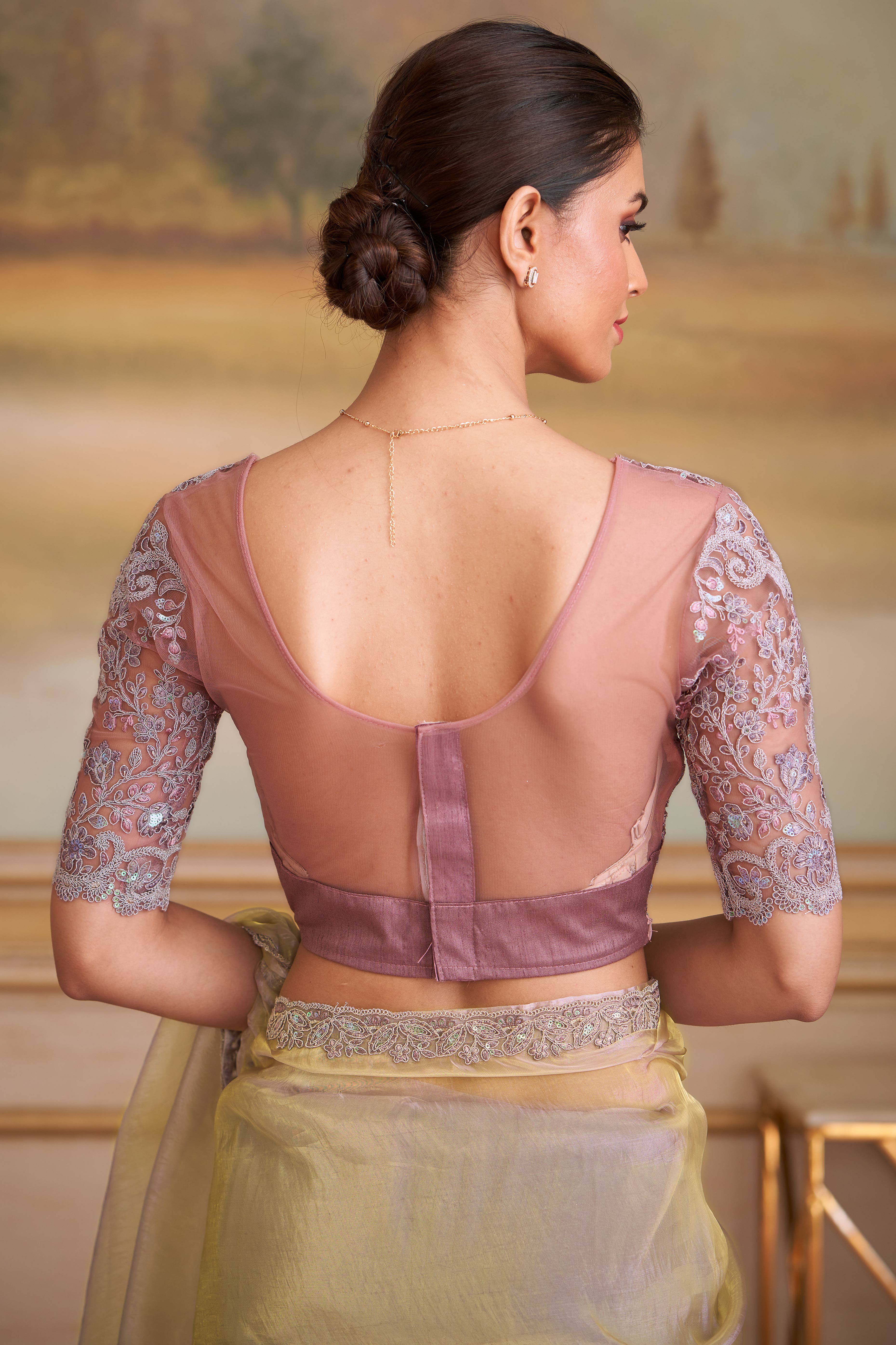 Elegant Beige Tissue Silk Saree Enhanced With Floral Sequins Embroidered Lace Border - Image 5