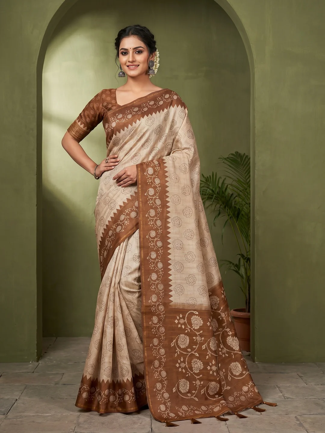 Elegant Beige Tussar Silk Saree with Floral Print and Brown Border