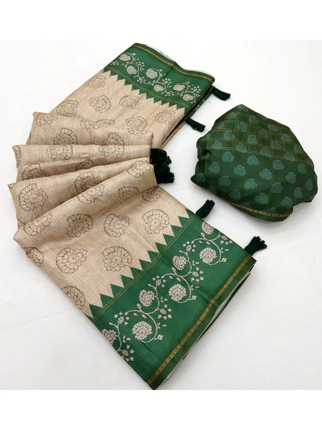 Elegant Beige Tussar Silk Saree with Floral Print and Green Border - Image 3