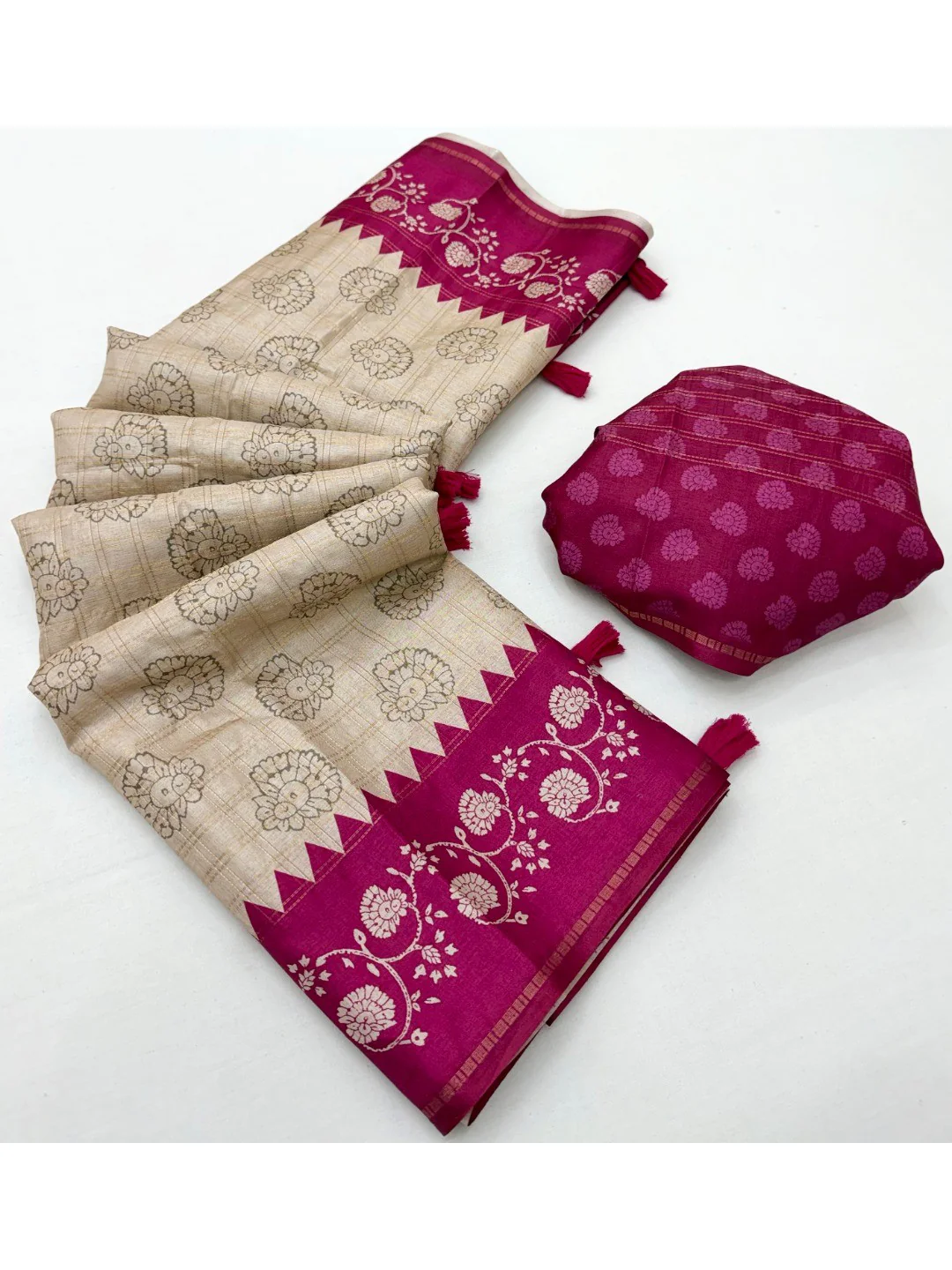 Elegant Beige Tussar Silk Saree with Floral Print and Pink Border - Image 3