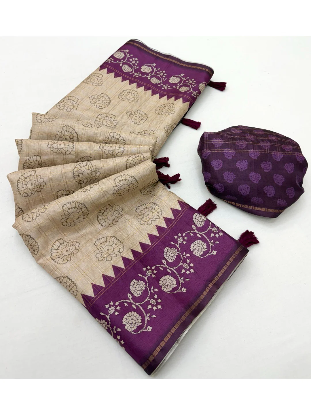 Elegant Beige Tussar Silk Saree with Floral Print and Purple Border - Image 3