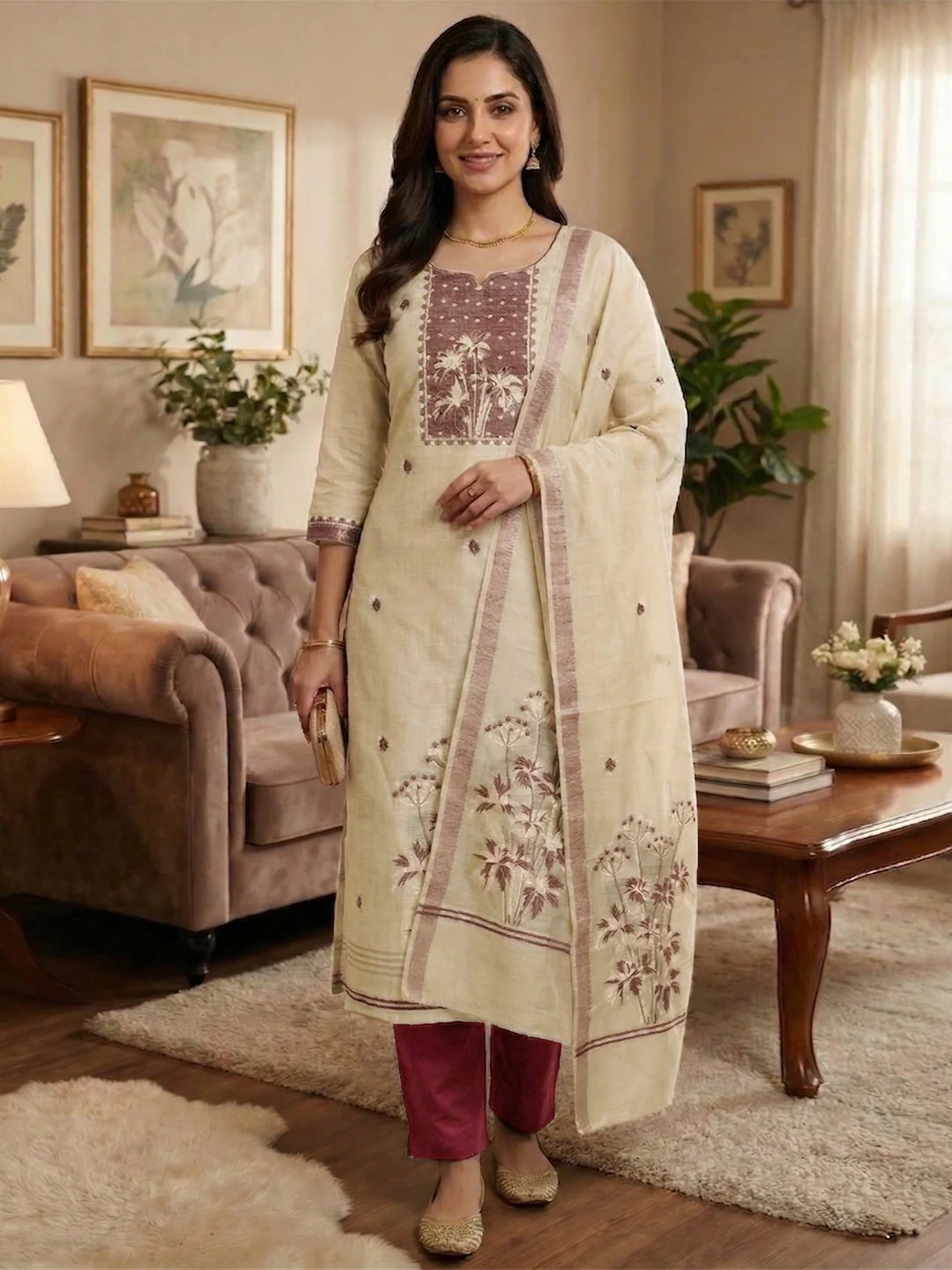 Elegant Beige & Wine Floral Zari Weaving Chanderi Silk Dress Material With Intricate Work