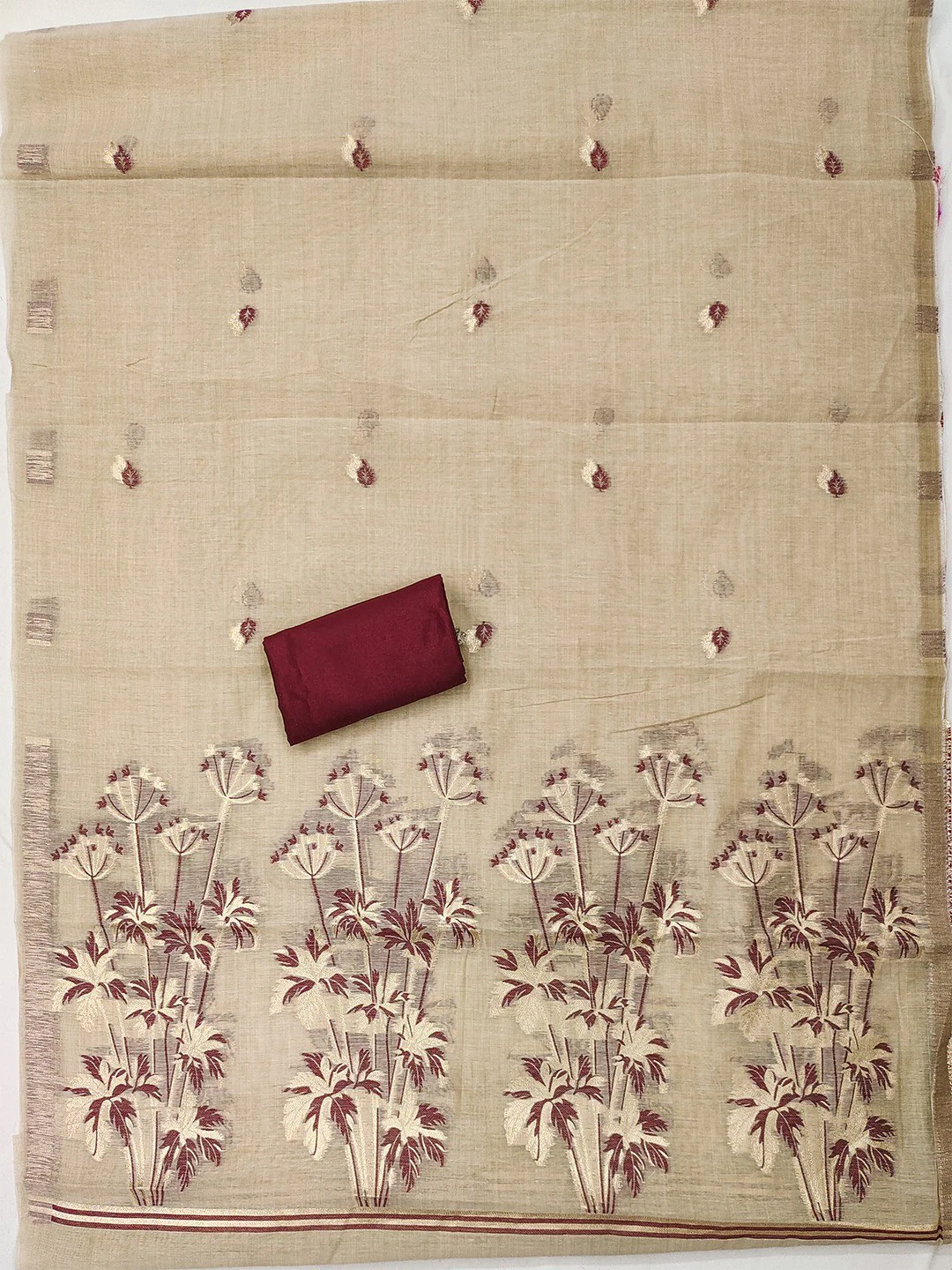 Elegant Beige & Wine Floral Zari Weaving Chanderi Silk Dress Material With Intricate Work - Image 5