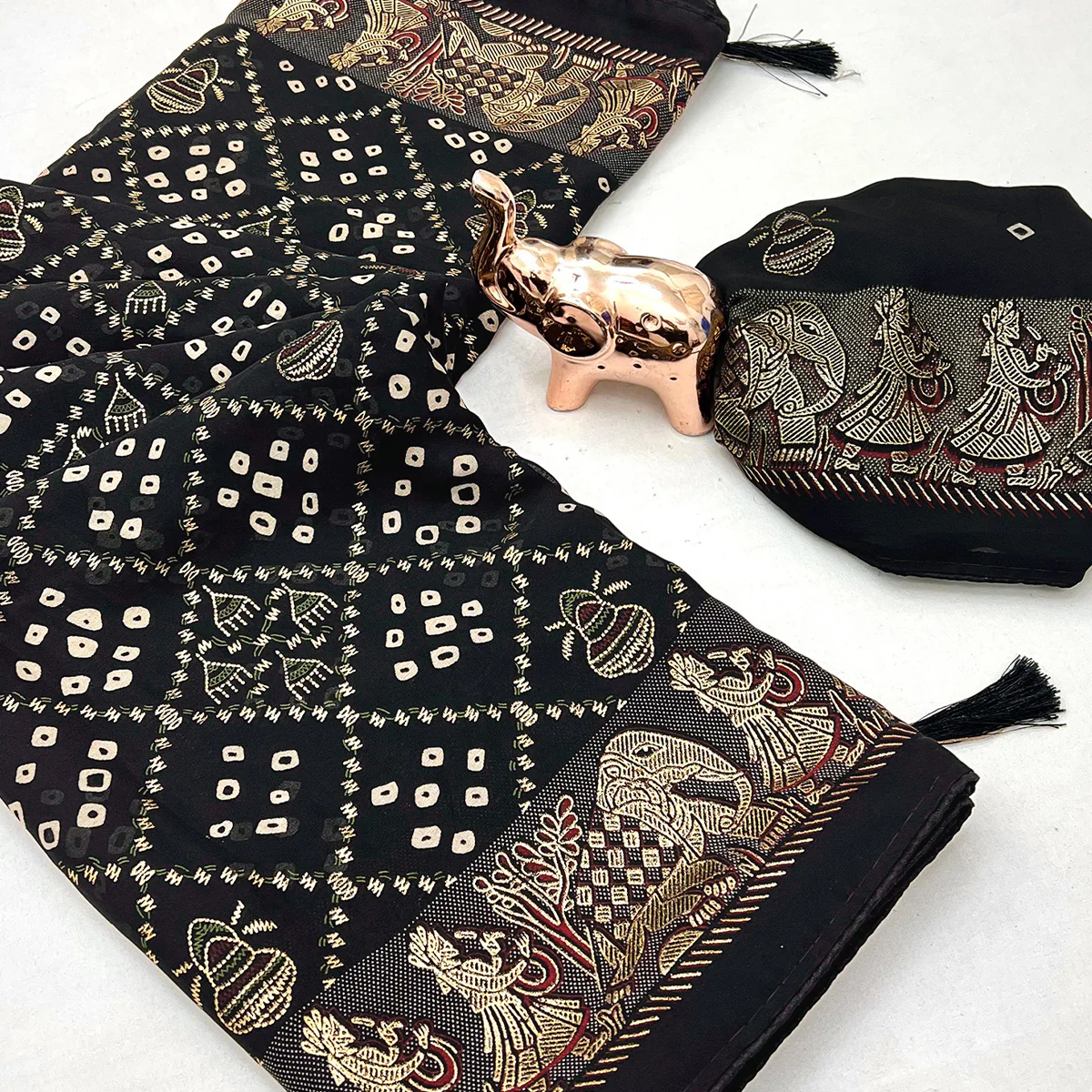 Elegant Black Bandhani Foil Printed Georgette Saree Highlighted With Soft Tassel Pallu - Image 2
