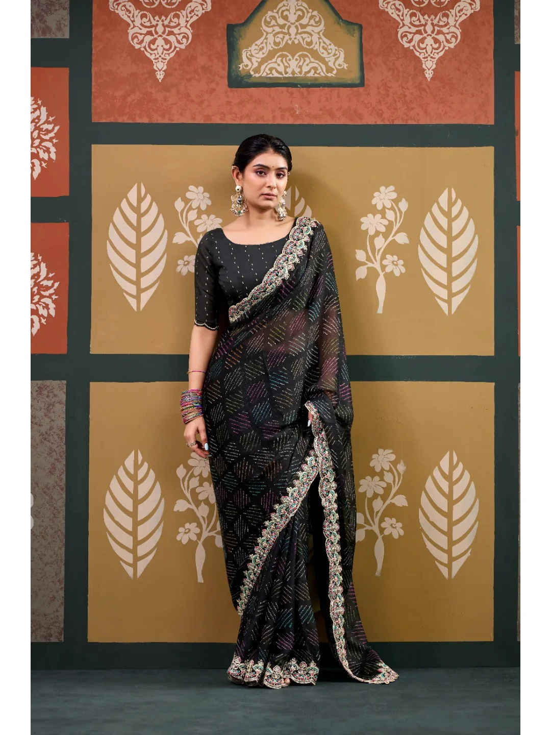 Elegant Black Bandhani Printed Chiffon Saree with Beautiful Embroidery Work