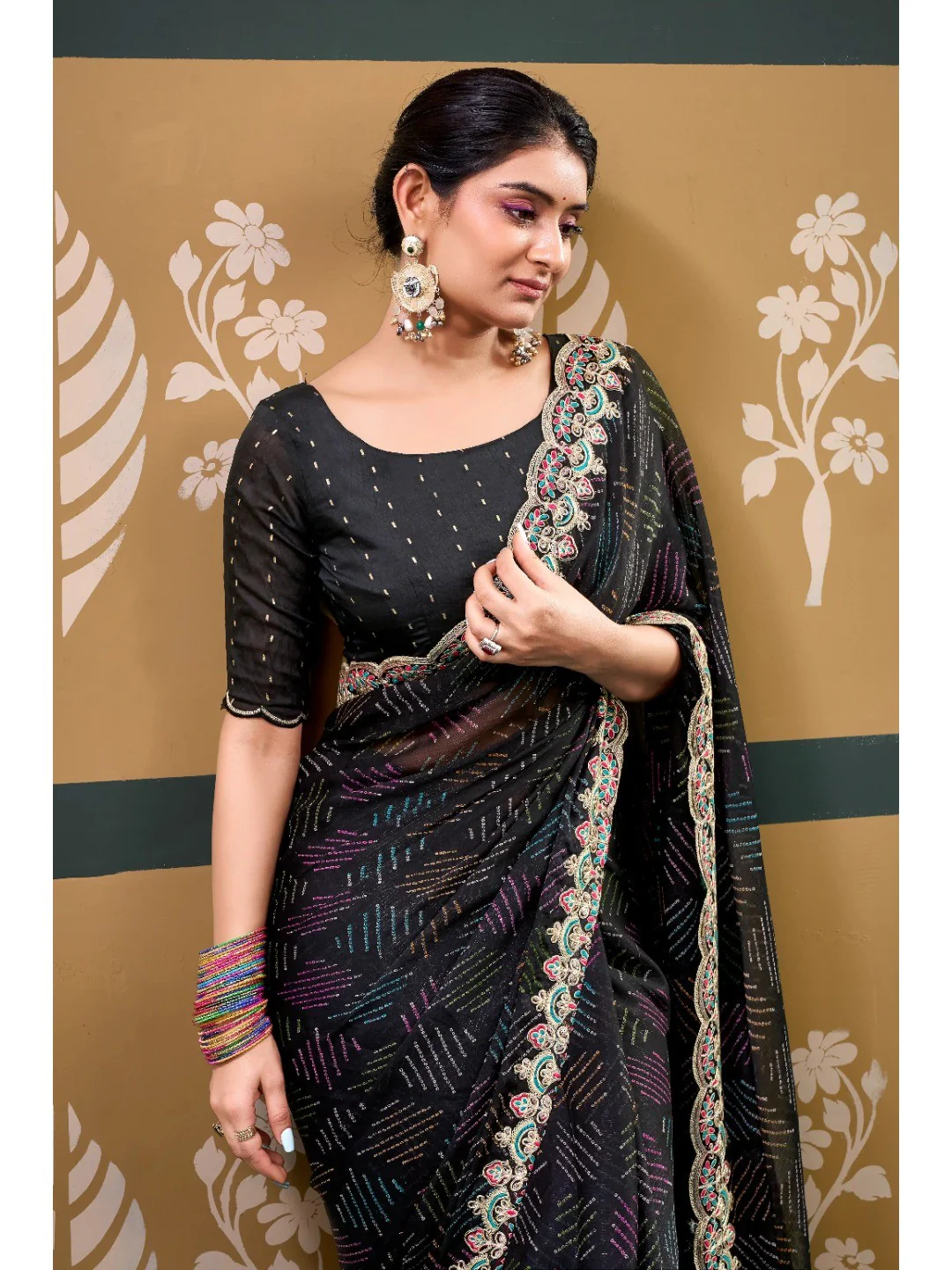 Elegant Black Bandhani Printed Chiffon Saree with Beautiful Embroidery Work - Image 2