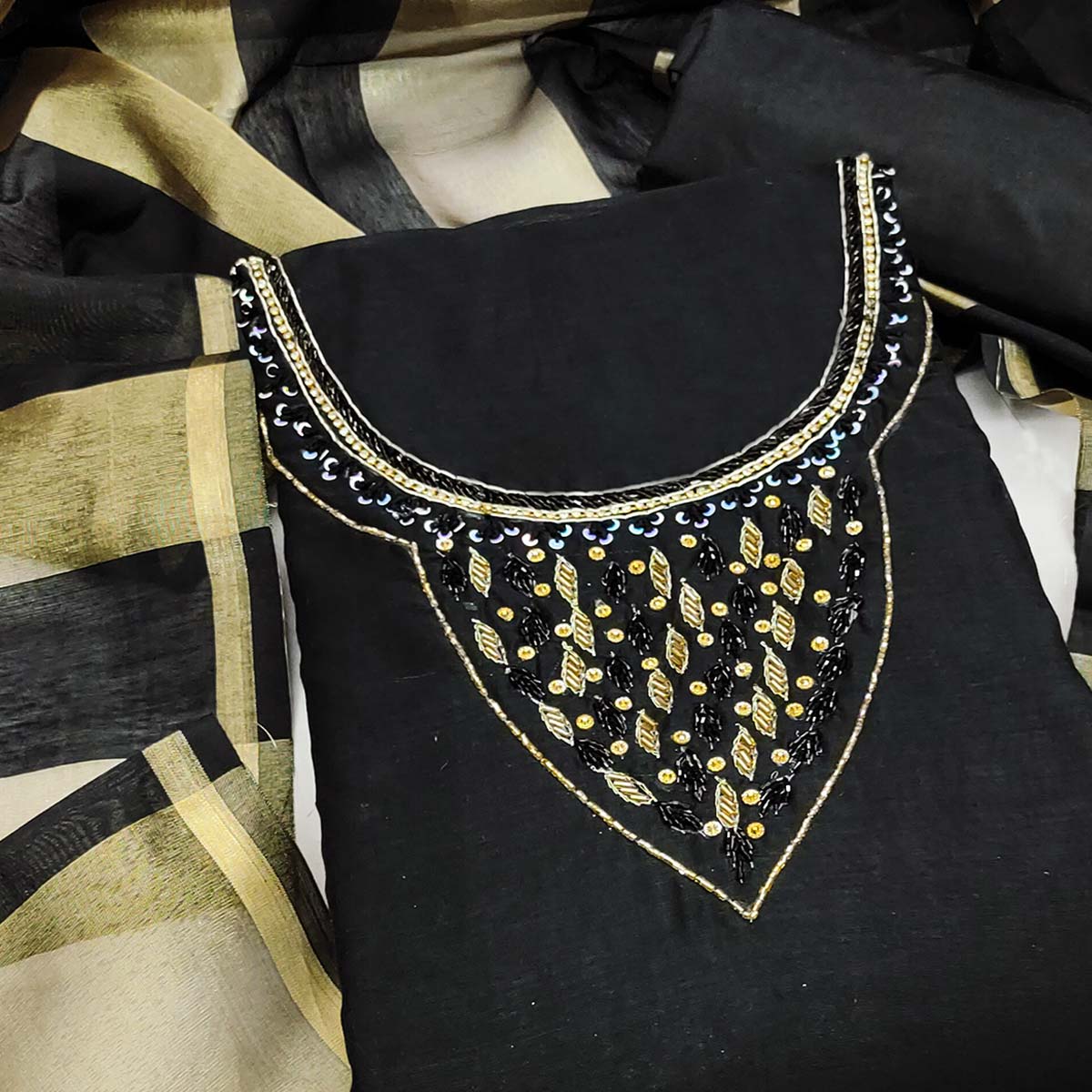 Elegant Black Beads & Sequins Handwork Chanderi Cotton Dress Material With Weaving Striped Pattern - Image 2