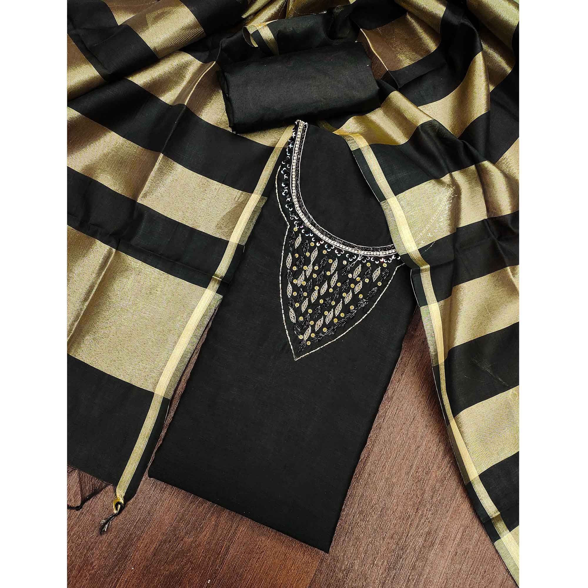 Elegant Black Beads & Sequins Handwork Chanderi Cotton Dress Material With Weaving Striped Pattern - Image 3